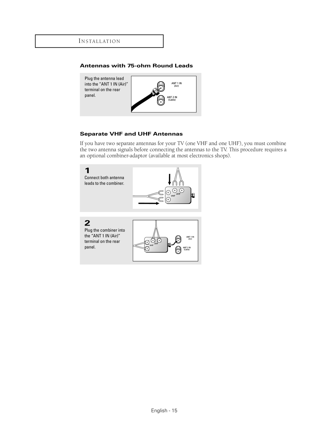 Samsung HC-R4745W, HC-R4355W, HC-R4755W, HC-R5245W manual Antennas with 75-ohm Round Leads, Separate VHF and UHF Antennas 