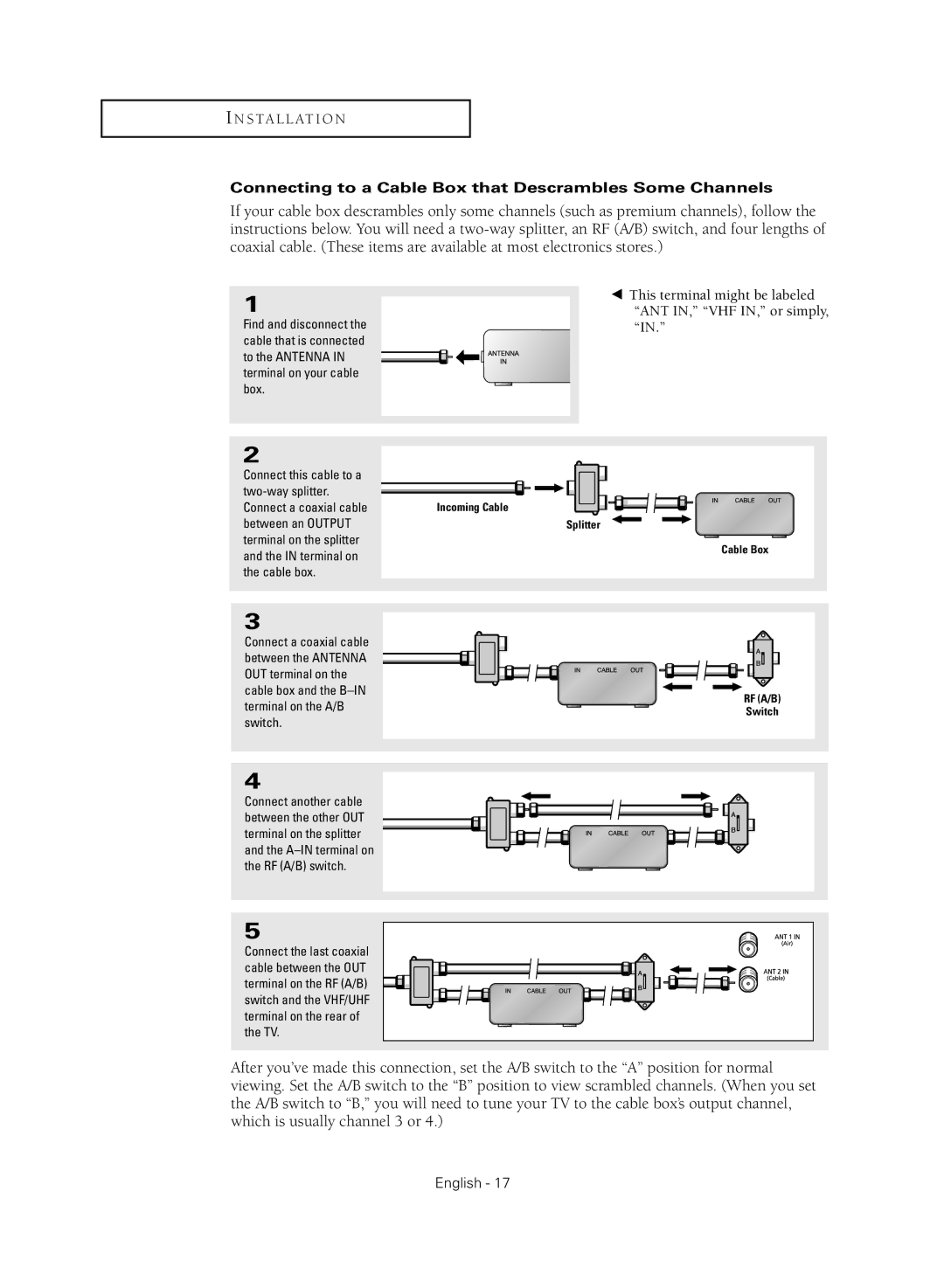 Samsung HC-R4755W, HC-R4355W, HC-R5245W manual Connecting to a Cable Box that Descrambles Some Channels, Between an Output 