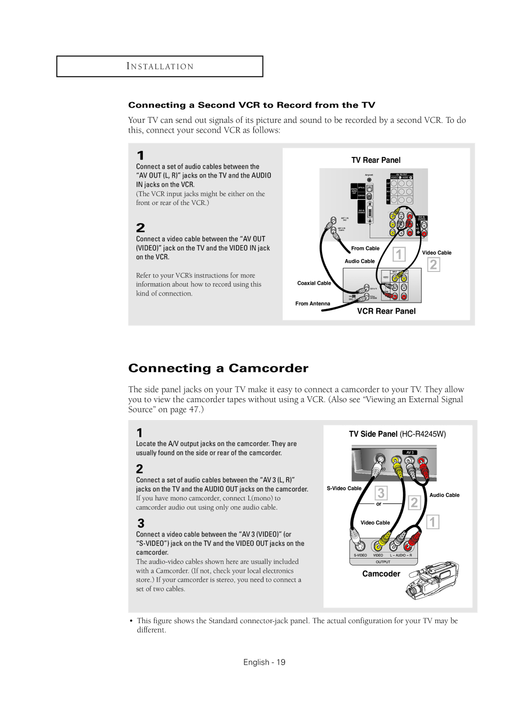 Samsung HC-R4745W, HC-R4355W, HC-R4755W, HC-R5245W Connecting a Camcorder, Connecting a Second VCR to Record from the TV 