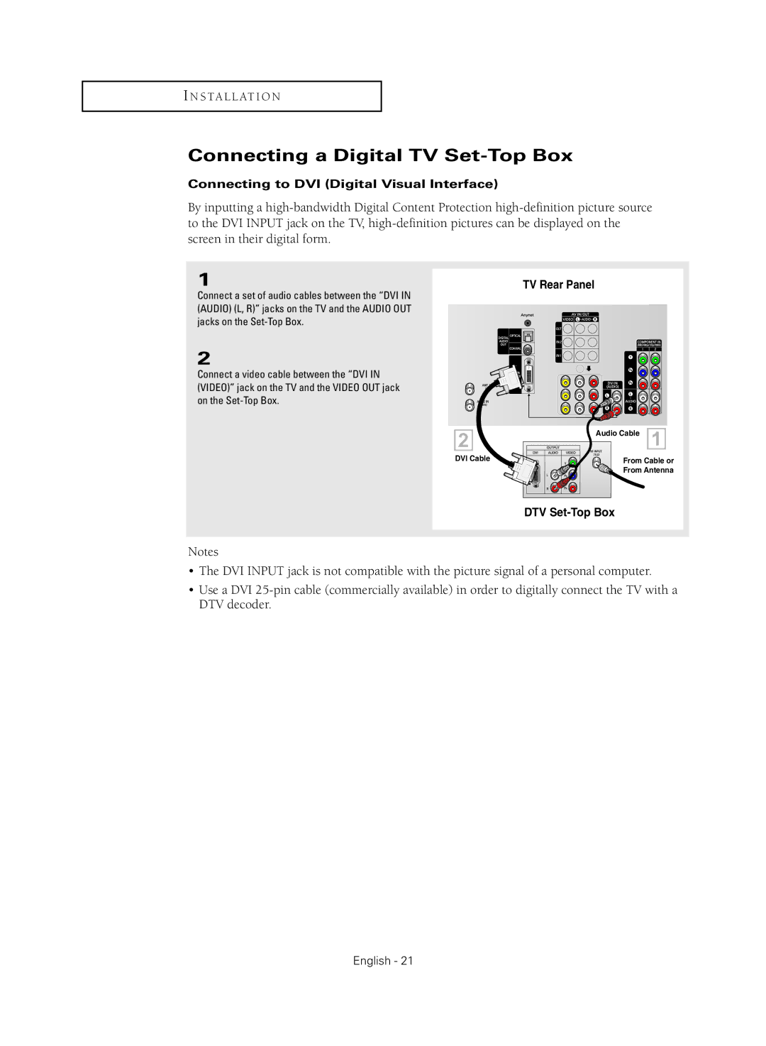 Samsung HC-R4755W, HC-R4355W, HC-R5245W Connecting a Digital TV Set-Top Box, Connecting to DVI Digital Visual Interface 