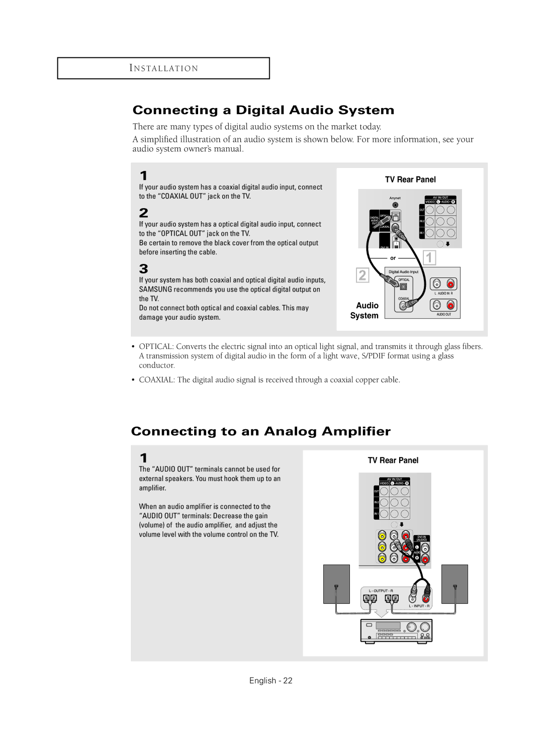 Samsung HC-R5245W, HC-R4355W, HC-R4755W, HC-R4745W manual Connecting a Digital Audio System, Connecting to an Analog Amplifier 