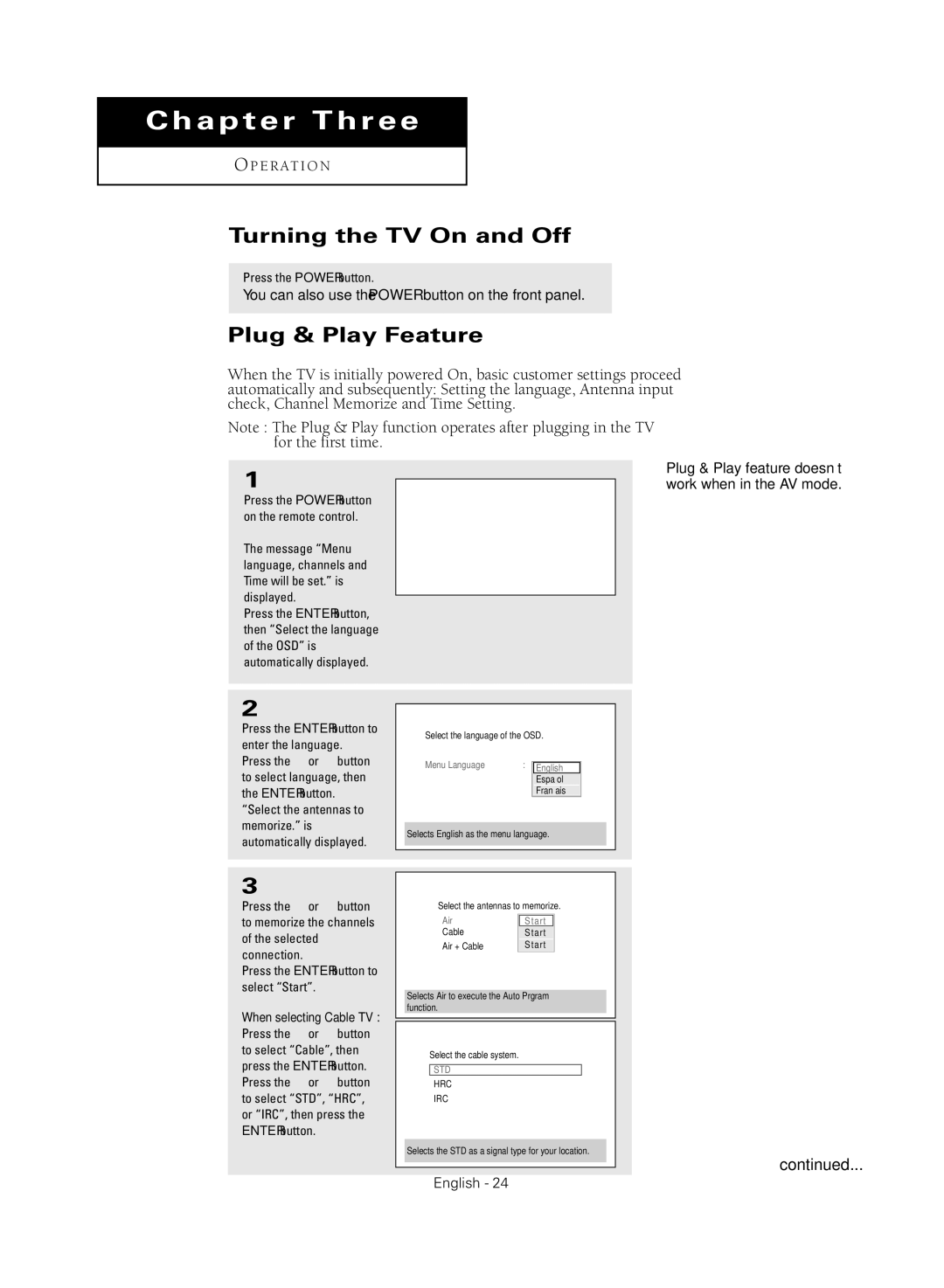 Samsung HC-R4355W, HC-R4755W, HC-R5245W, HC-R4745W Turning the TV On and Off, Plug & Play Feature, Press the Power button 