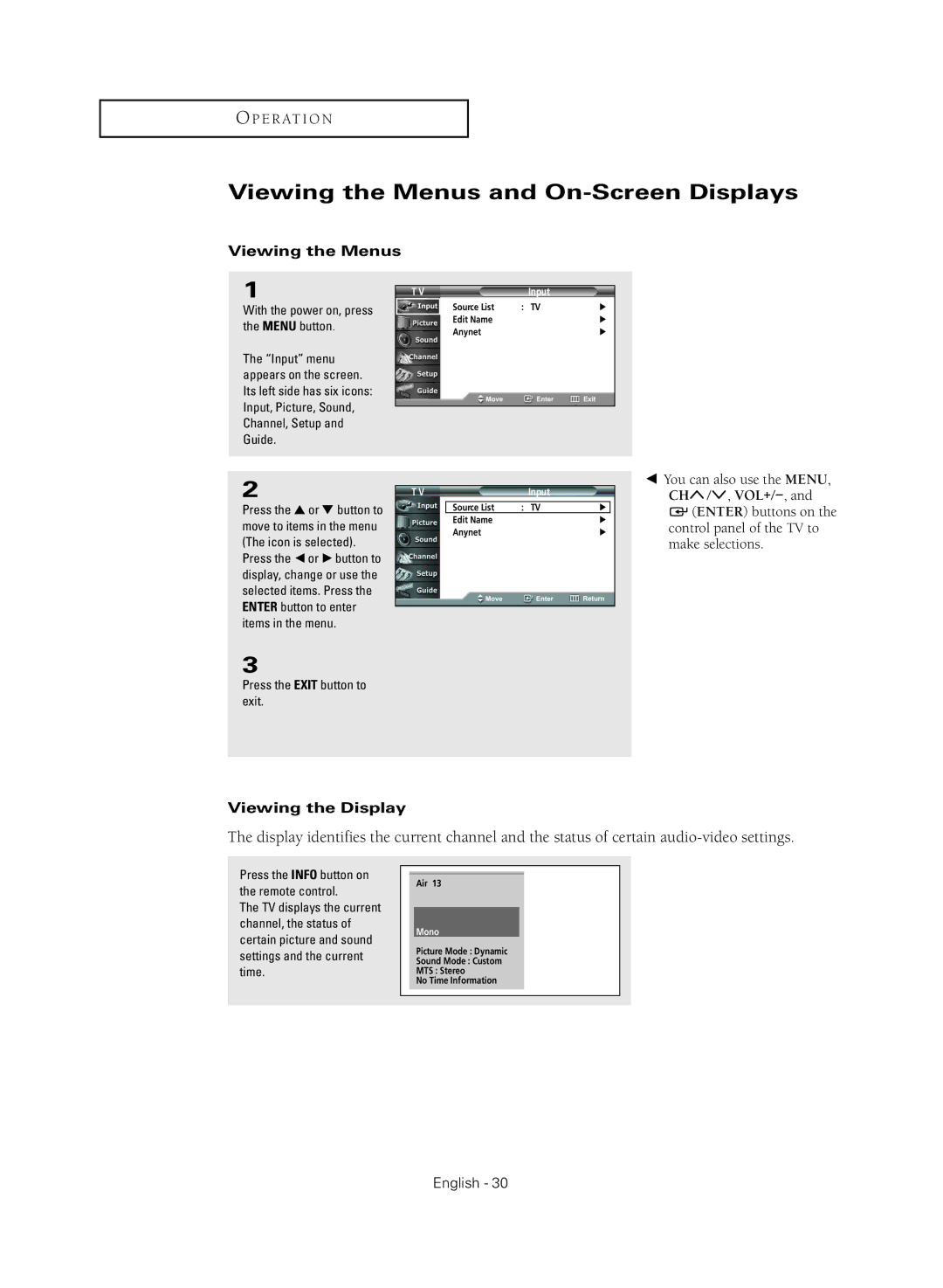 Samsung HC-R5245W, HC-R4355W, HC-R4755W, HC-R4745W manual Viewing the Menus and On-Screen Displays, Viewing the Display, Input 