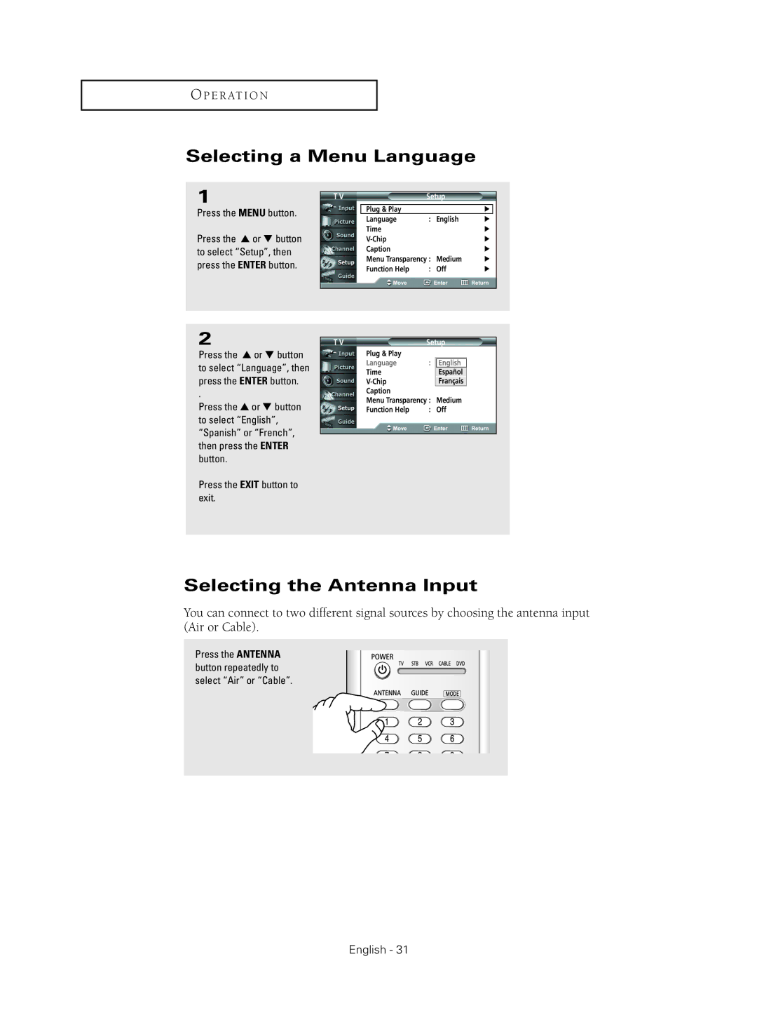 Samsung HC-R4745W, HC-R4355W, HC-R4755W, HC-R5245W manual Selecting a Menu Language, Selecting the Antenna Input, Setup 