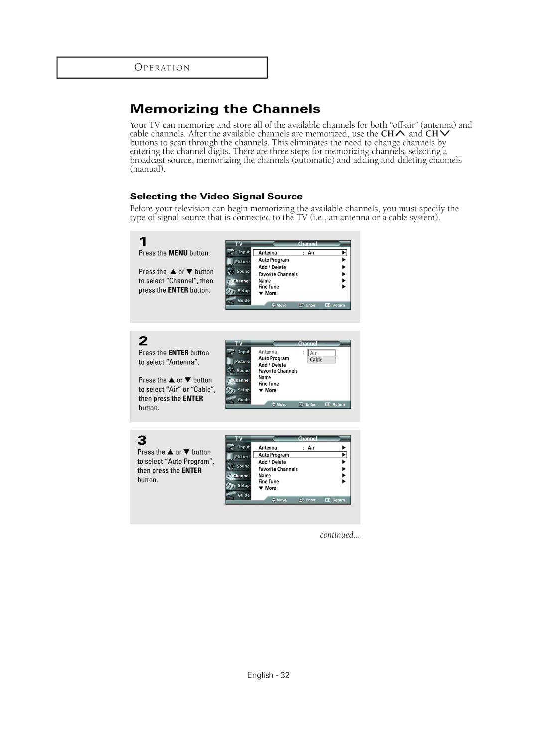 Samsung HC-R4355W, HC-R4755W, HC-R5245W, HC-R4745W manual Memorizing the Channels, Selecting the Video Signal Source 