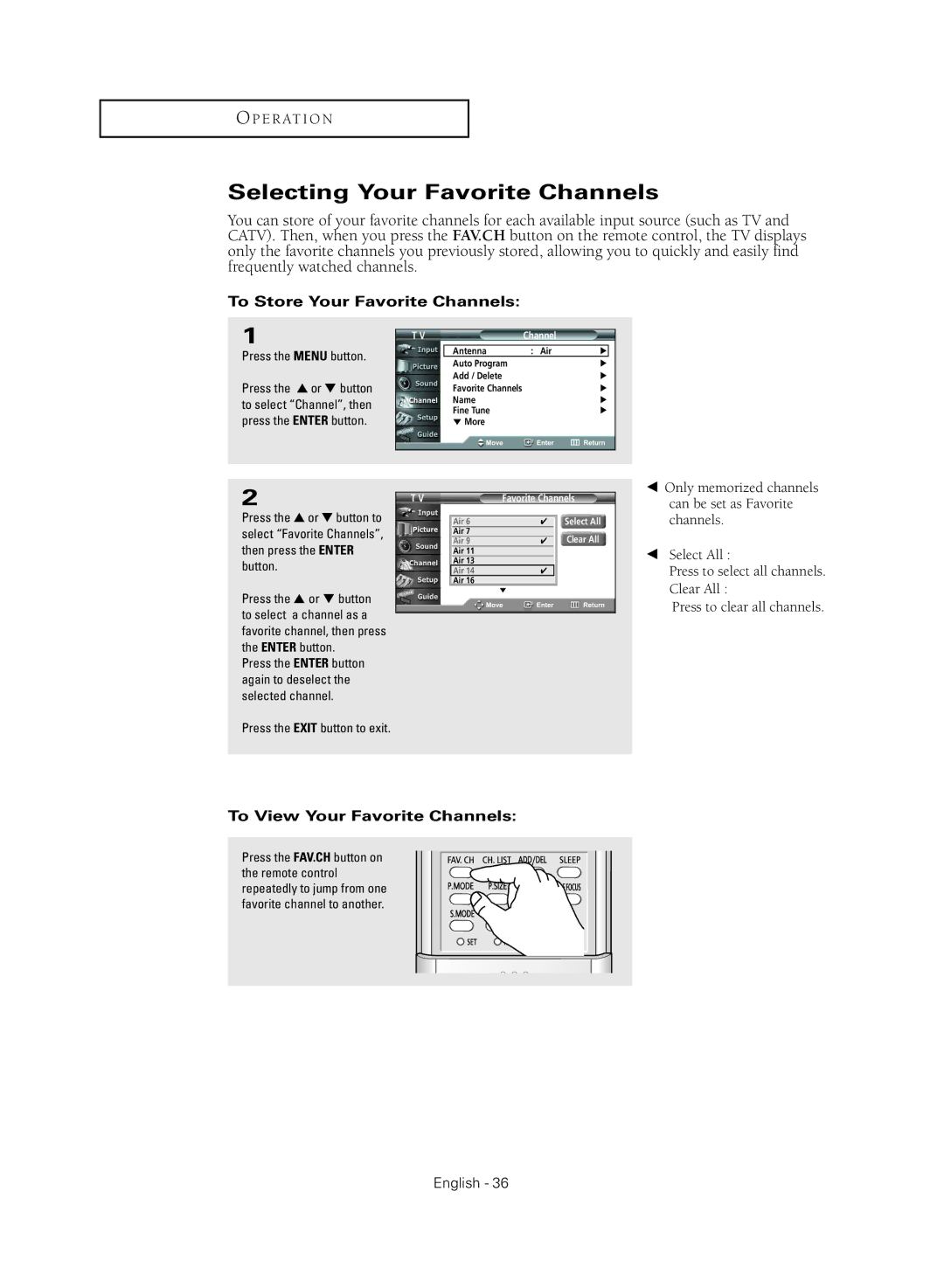 Samsung HC-R4355W manual Selecting Your Favorite Channels, To Store Your Favorite Channels, To View Your Favorite Channels 