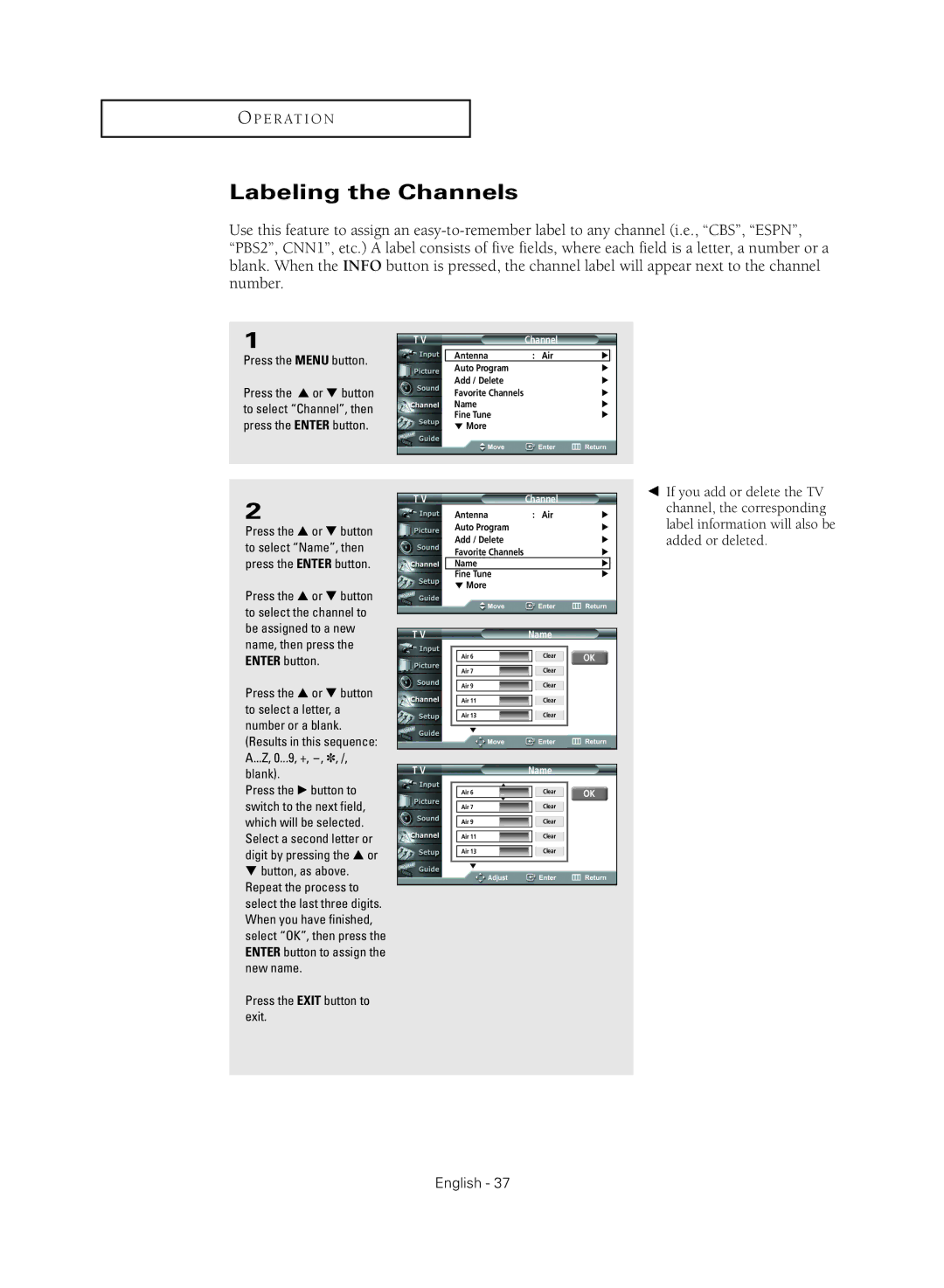 Samsung HC-R4755W, HC-R4355W, HC-R5245W, HC-R4745W manual Labeling the Channels 