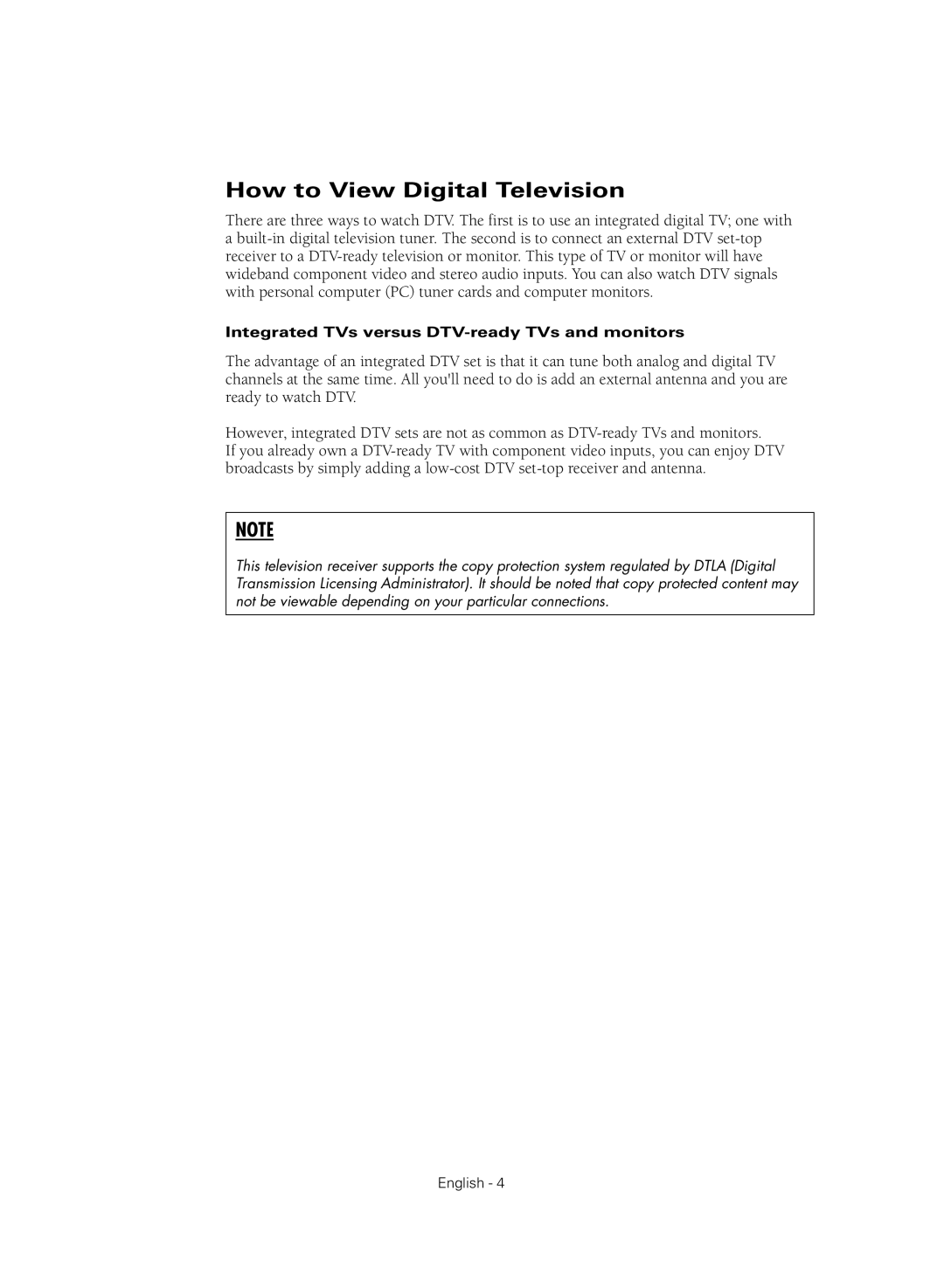 Samsung HC-R4355W, HC-R4755W, HC-R5245W How to View Digital Television, Integrated TVs versus DTV-ready TVs and monitors 