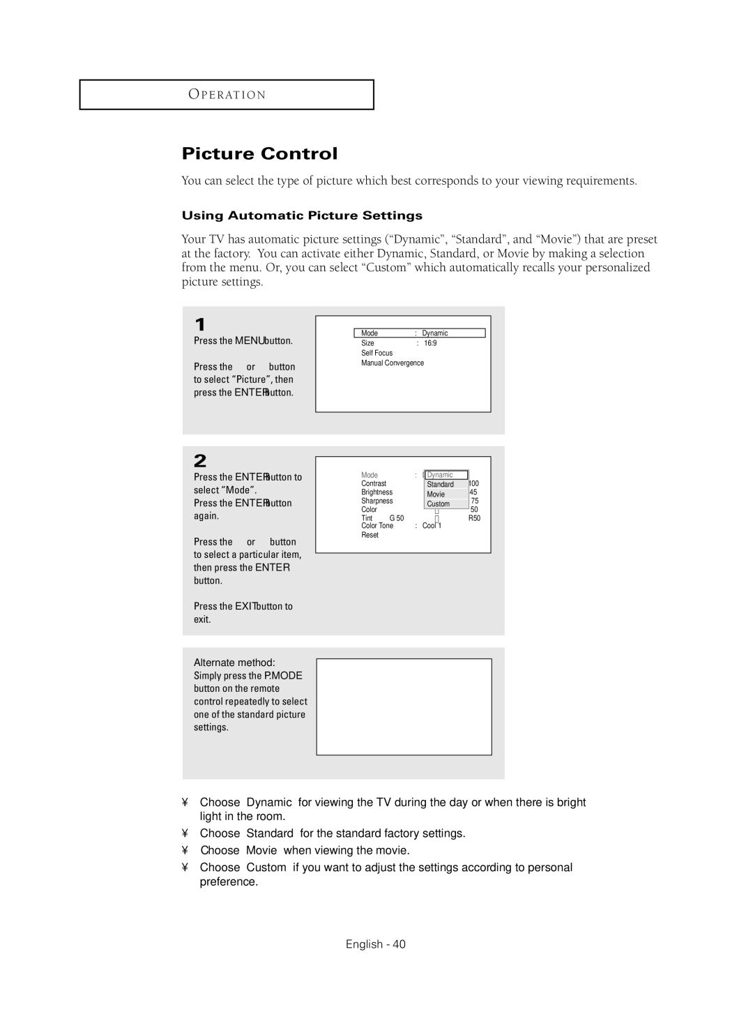 Samsung HC-R4355W, HC-R4755W, HC-R5245W, HC-R4745W manual Picture Control, Using Automatic Picture Settings, Custom 