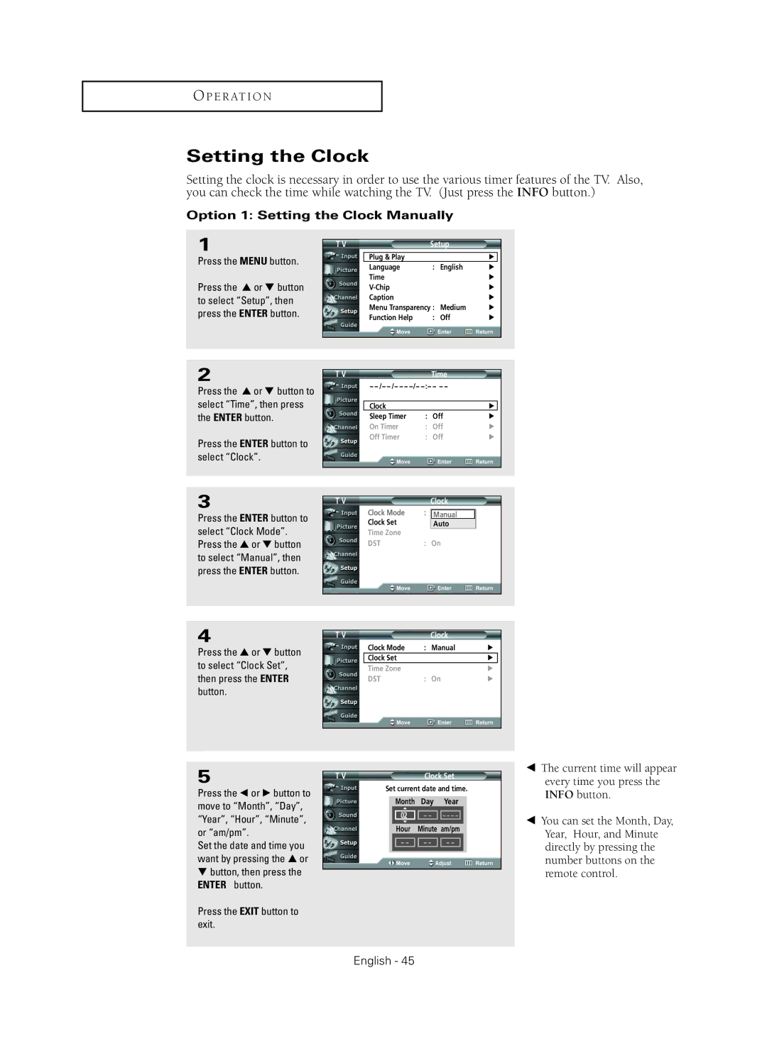 Samsung HC-R4755W, HC-R4355W, HC-R5245W, HC-R4745W manual Option 1 Setting the Clock Manually, Time, Clock Set 
