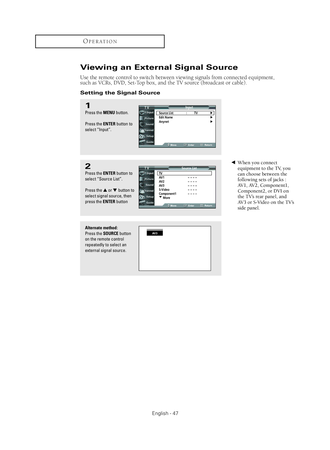 Samsung HC-R4745W manual Viewing an External Signal Source, Setting the Signal Source, Press the Source button, Source List 