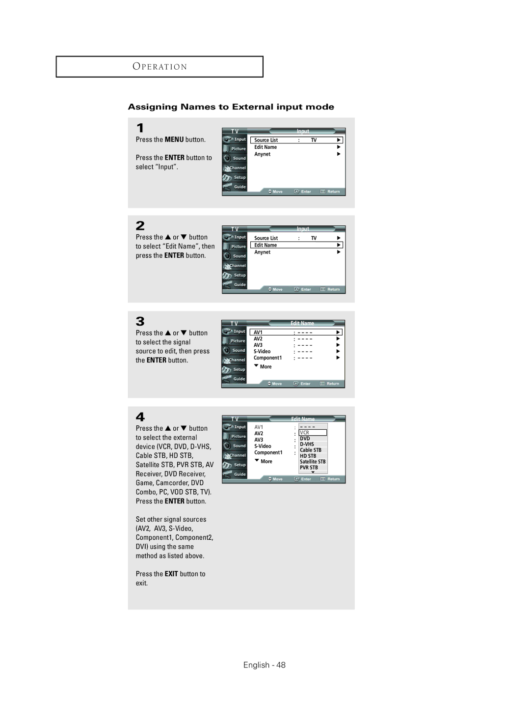 Samsung HC-R4355W, HC-R4755W, HC-R5245W, HC-R4745W manual Assigning Names to External input mode, Edit Name 