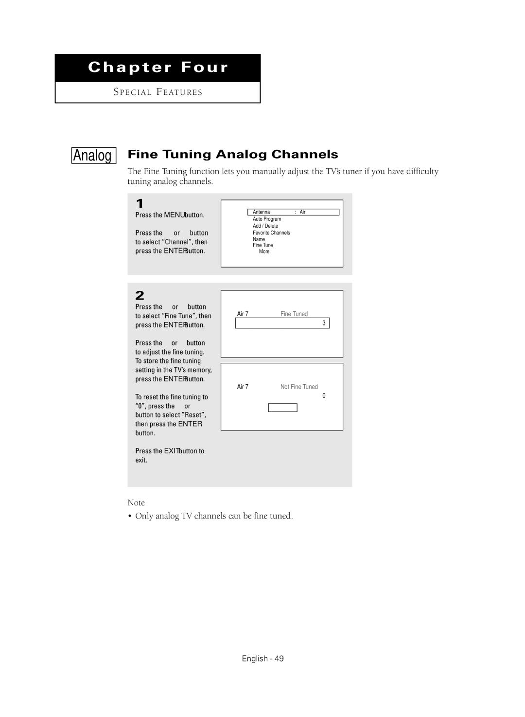 Samsung HC-R4755W, HC-R4355W, HC-R5245W, HC-R4745W manual Fine Tuning Analog Channels, Fine Tune 