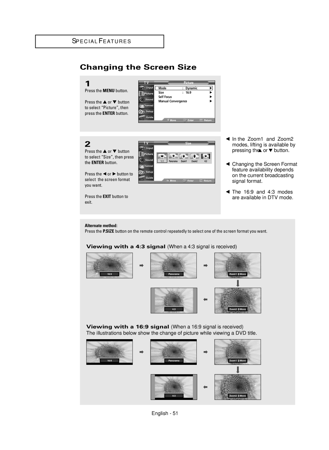 Samsung HC-R4745W, HC-R4355W, HC-R4755W, HC-R5245W manual Changing the Screen Size 