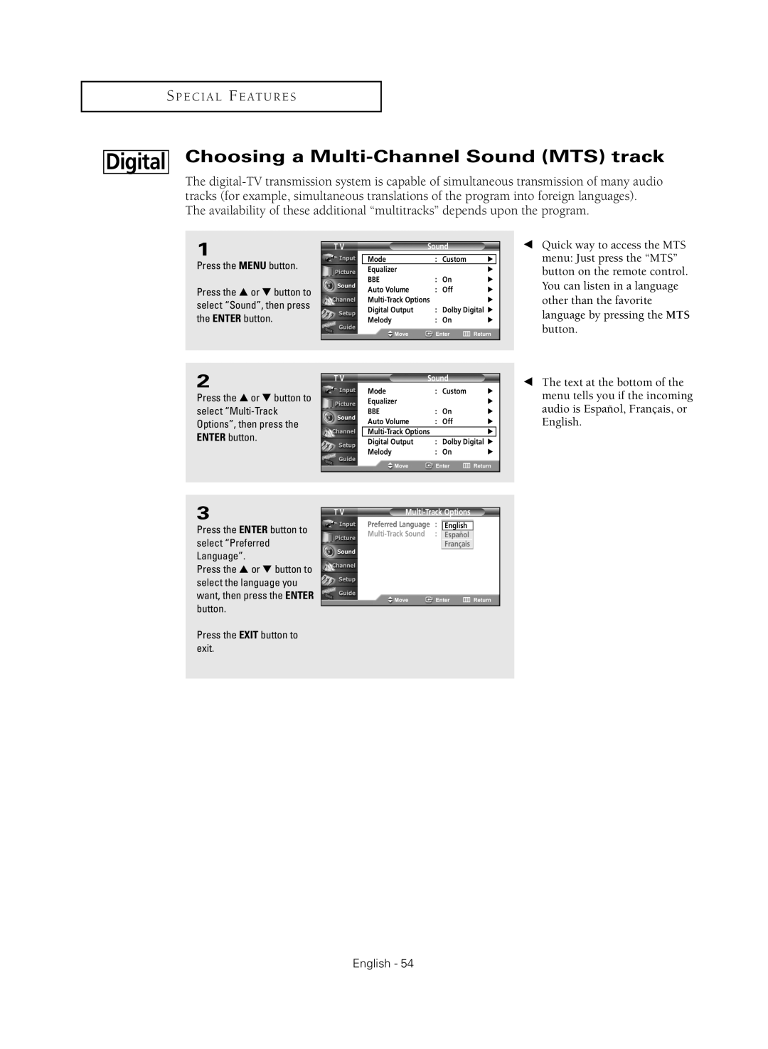 Samsung HC-R5245W, HC-R4355W Choosing a Multi-Channel Sound MTS track, Press the Enter button to select Preferred Language 