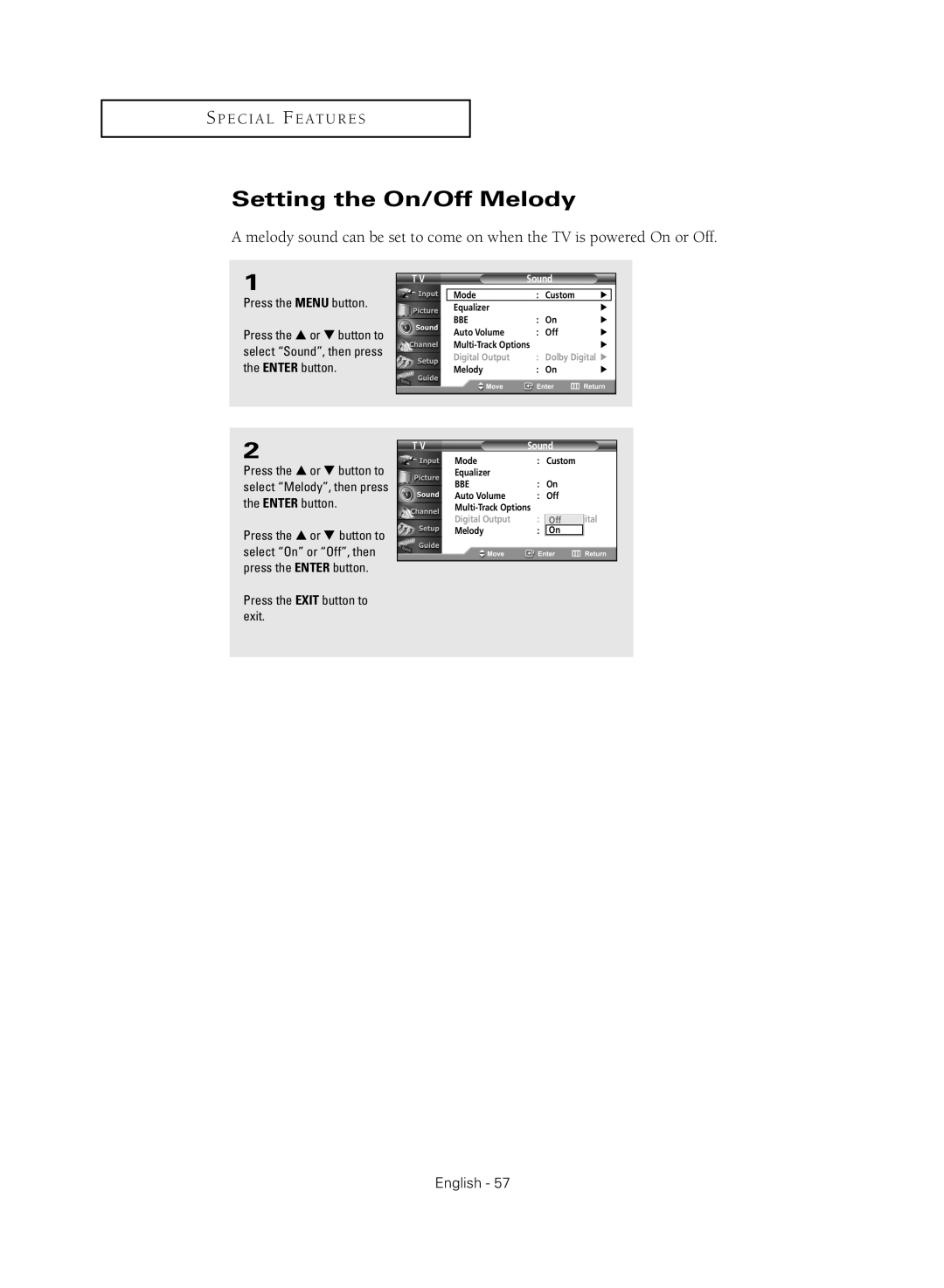 Samsung HC-R4755W, HC-R4355W, HC-R5245W, HC-R4745W manual Setting the On/Off Melody 