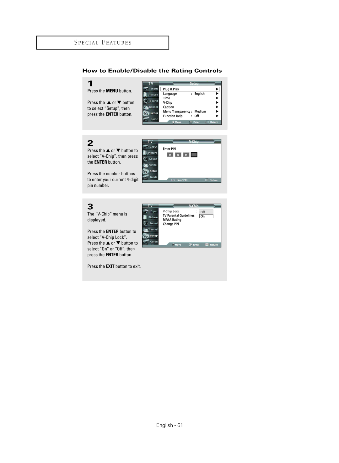 Samsung HC-R4755W, HC-R4355W, HC-R5245W, HC-R4745W manual How to Enable/Disable the Rating Controls 