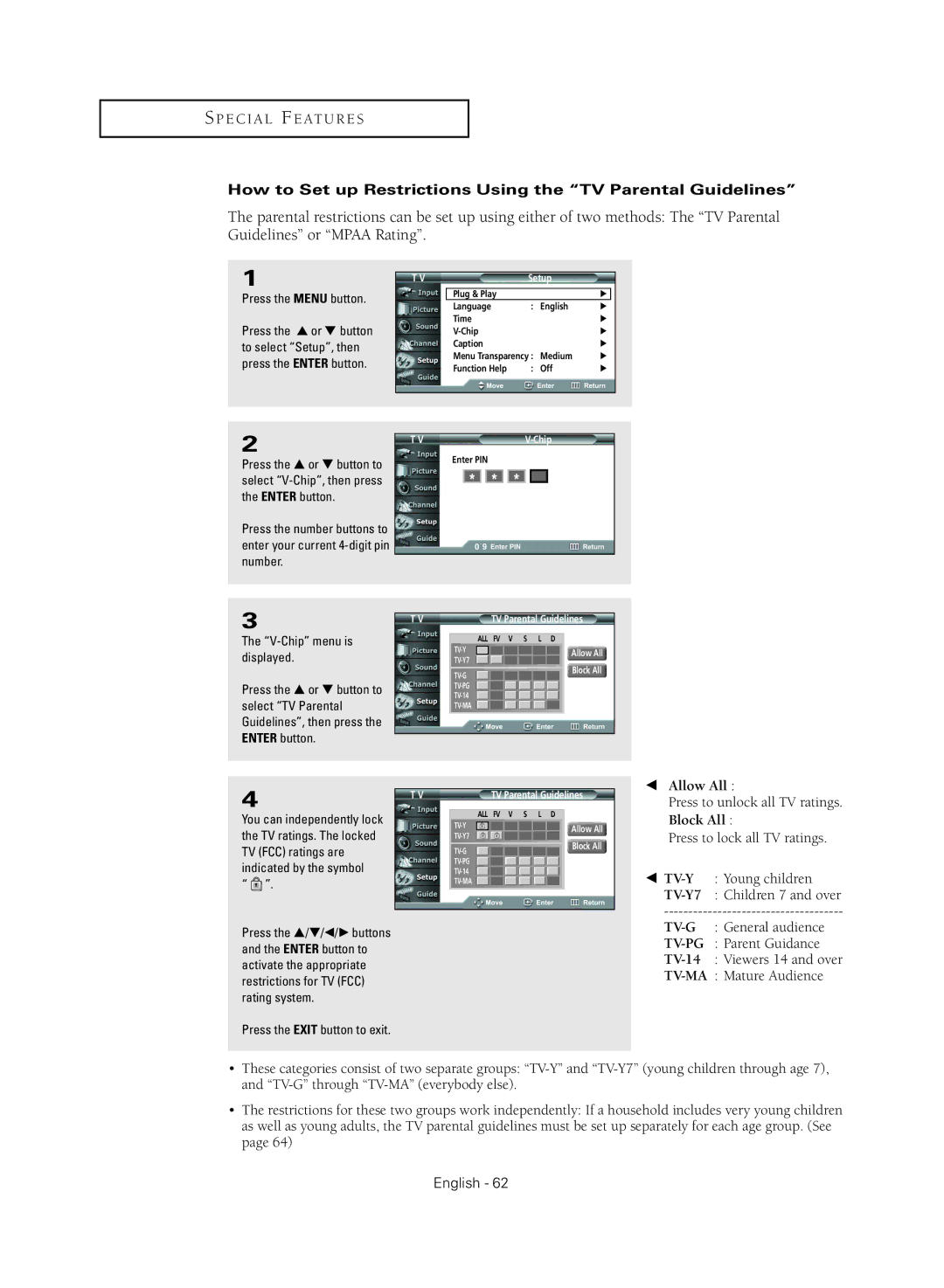 Samsung HC-R5245W, HC-R4355W, HC-R4755W, HC-R4745W How to Set up Restrictions Using the TV Parental Guidelines, Allow All 