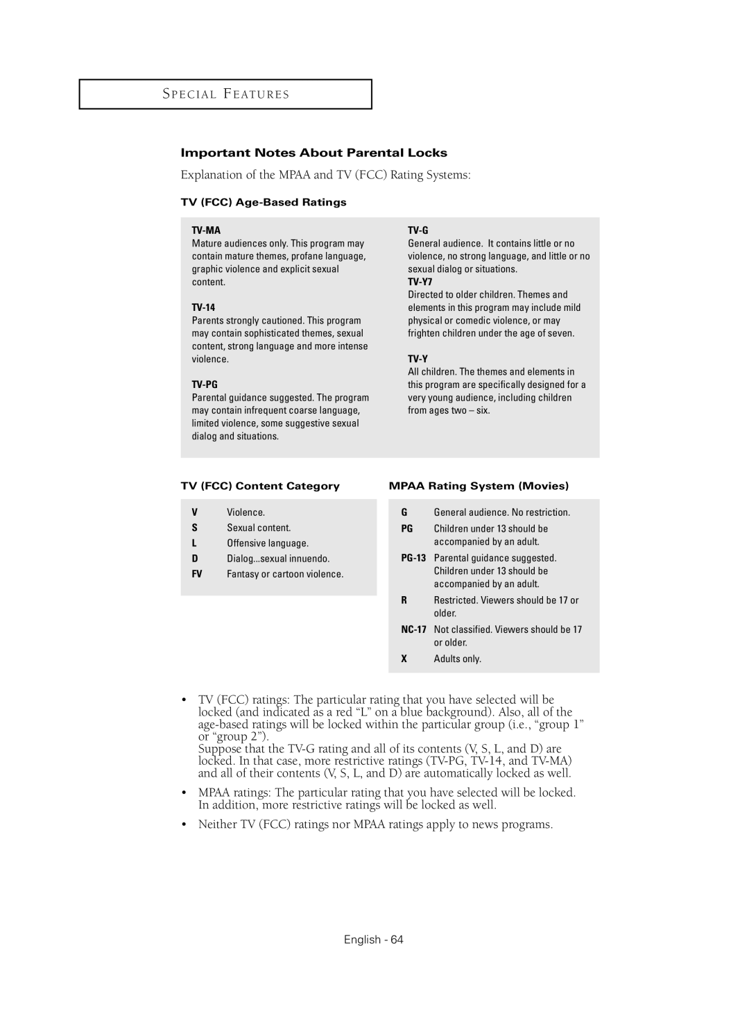 Samsung HC-R4355W, HC-R4755W manual Explanation of the Mpaa and TV FCC Rating Systems, Important Notes About Parental Locks 