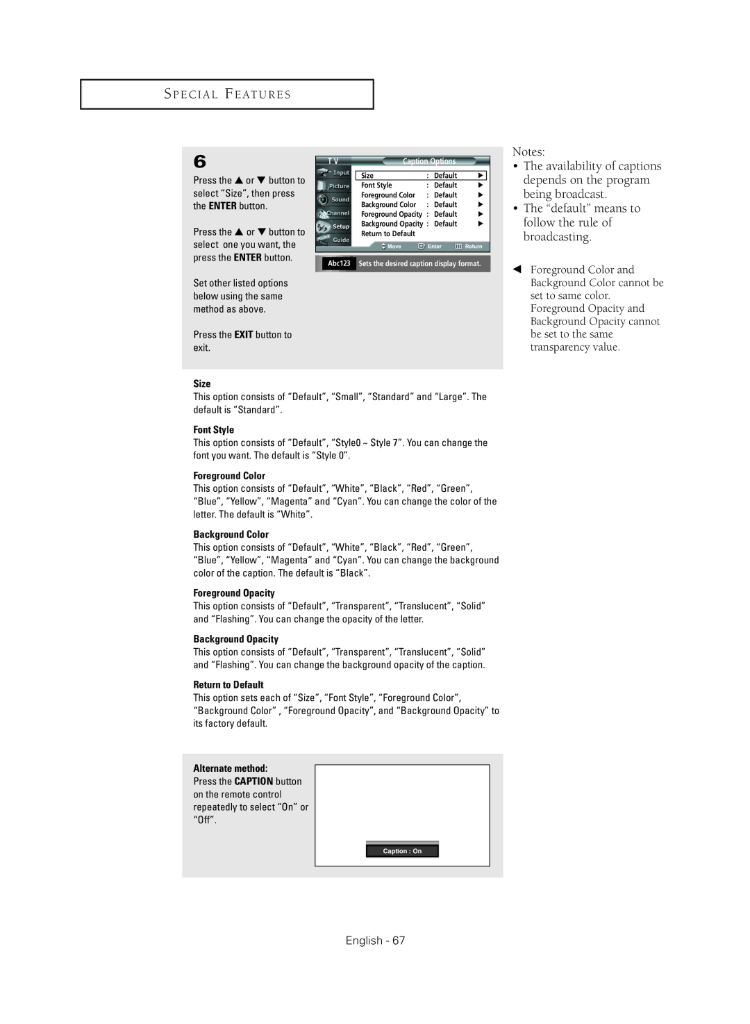 Samsung HC-R4745W, HC-R4355W, HC-R4755W, HC-R5245W manual Font Style, Caption Options 