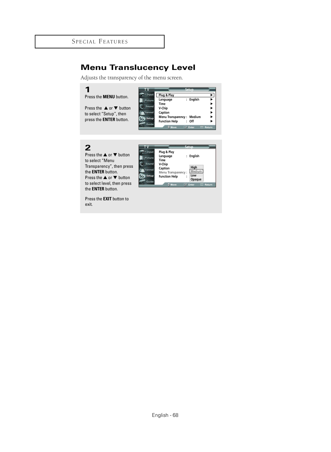 Samsung HC-R4355W, HC-R4755W, HC-R5245W, HC-R4745W manual Menu Translucency Level, Adjusts the transparency of the menu screen 