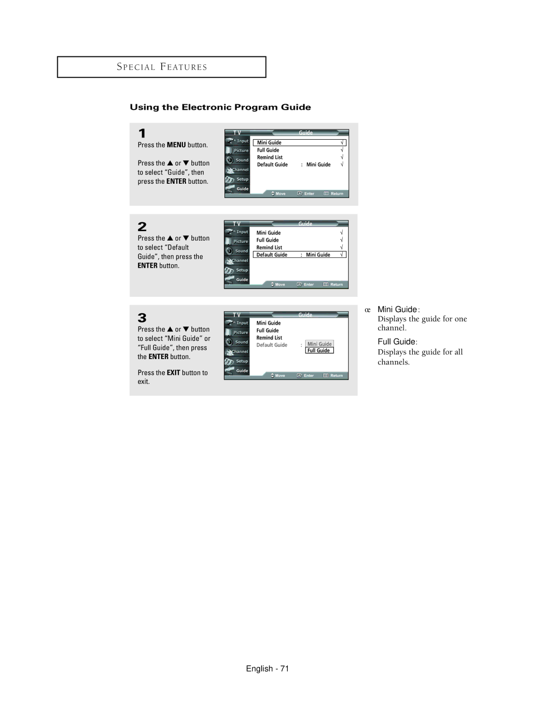 Samsung HC-R4745W Using the Electronic Program Guide, Press the or button, To select Guide, then Press the Enter button 