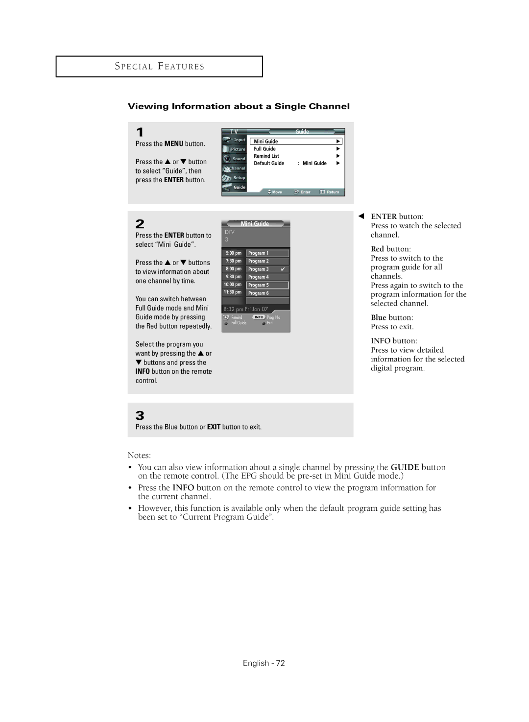 Samsung HC-R4355W Viewing Information about a Single Channel, Buttons and press the Info button on the remote control 