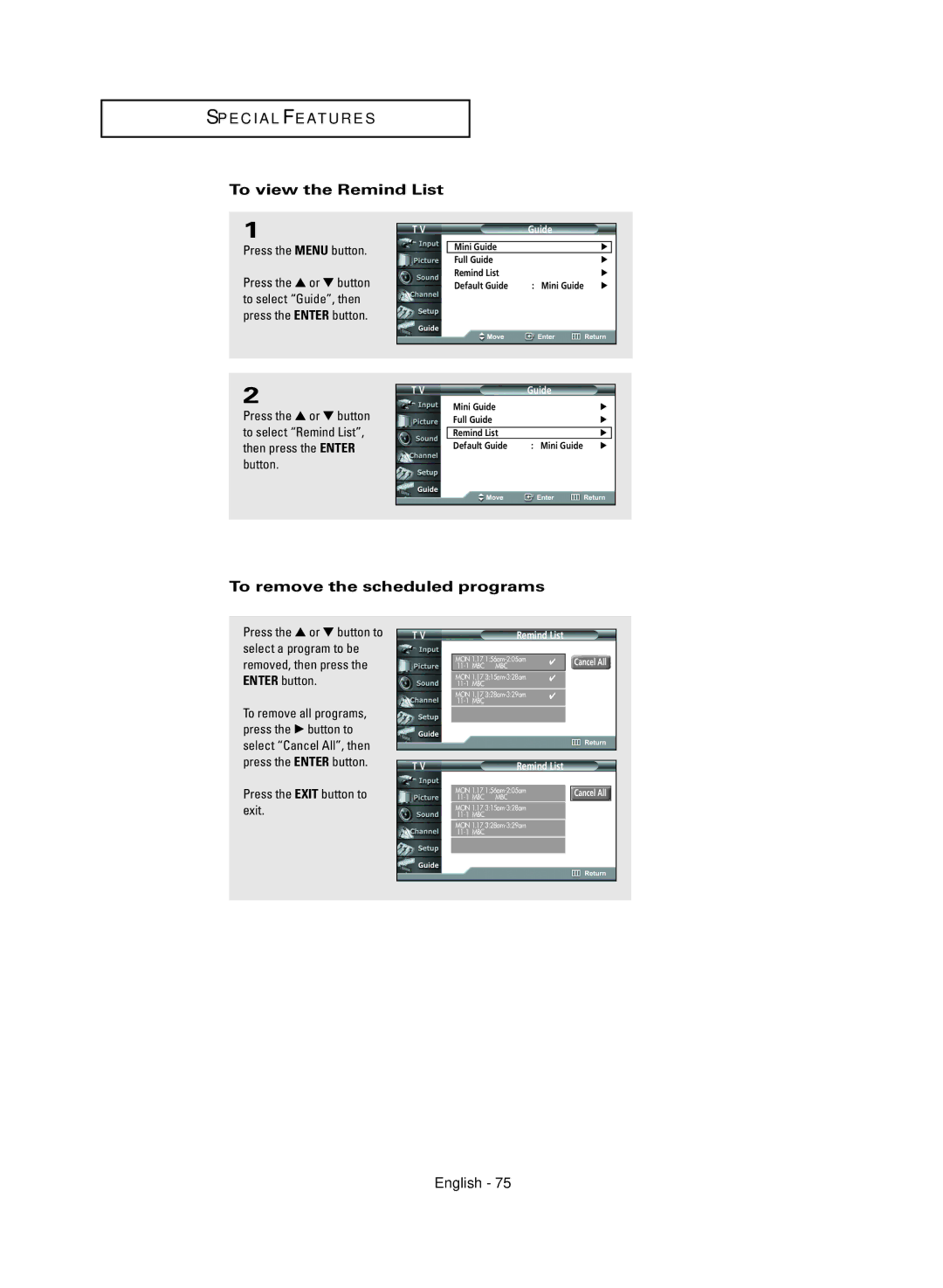 Samsung HC-R4745W, HC-R4355W, HC-R4755W, HC-R5245W manual To view the Remind List, To remove the scheduled programs 