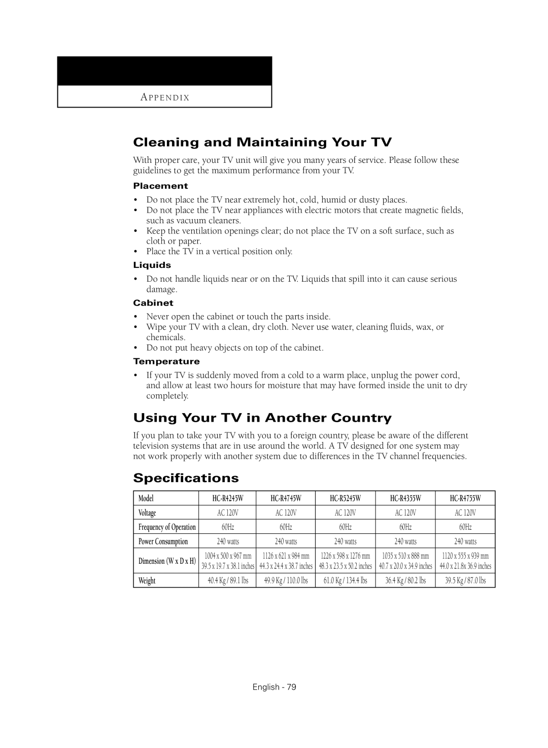 Samsung HC-R4745W, HC-R4355W, HC-R4755W Cleaning and Maintaining Your TV, Using Your TV in Another Country, Specifications 