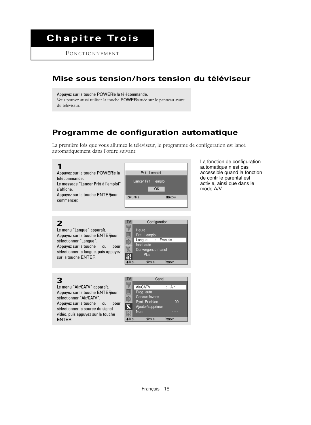 Samsung HC-R4351W, HC-R4751W manual Mise sous tension/hors tension du téléviseur, Programme de configuration automatique 