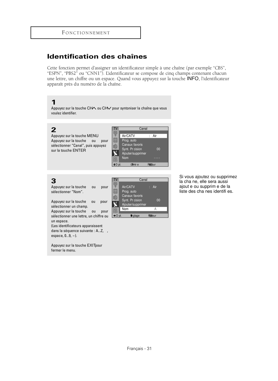 Samsung HC P4741W, HC-R4751W, HC P4241W, HC-R4351W, HC P5241W manual Identification des chaînes 