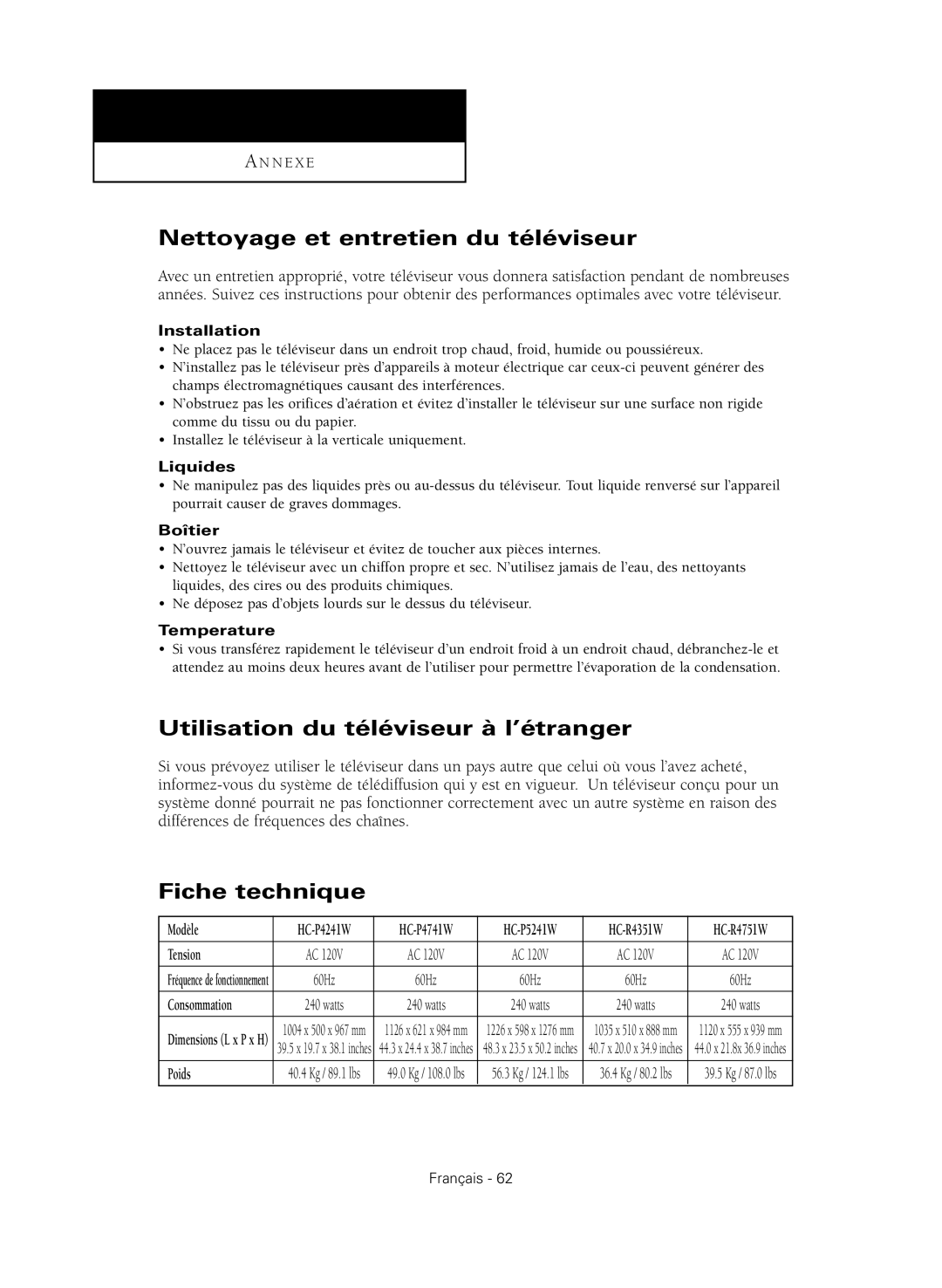 Samsung HC P4241W, HC-R4751W Nettoyage et entretien du téléviseur, Utilisation du téléviseur à l’étranger, Fiche technique 