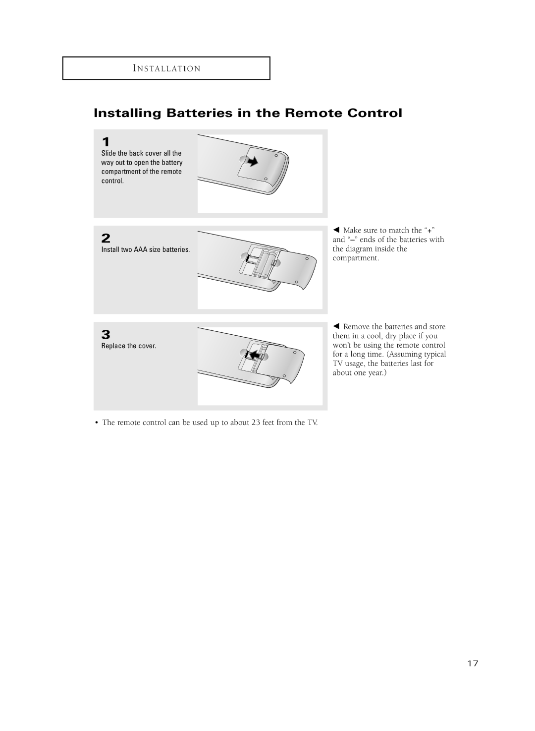 Samsung HC-R5251W manual Installing Batteries in the Remote Control 