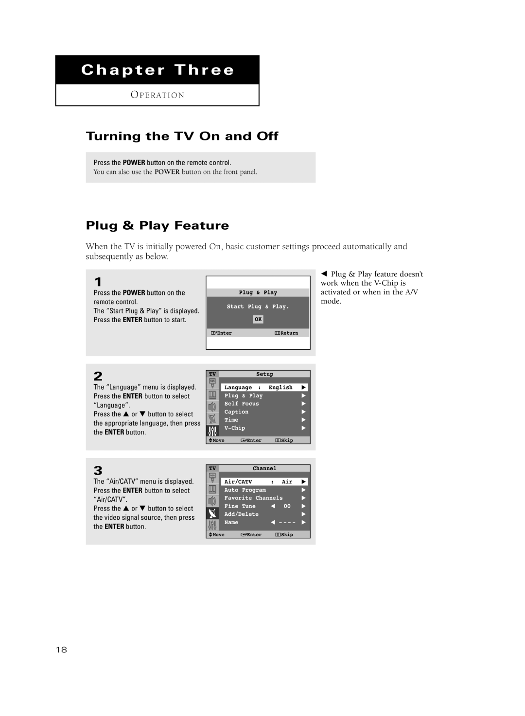 Samsung HC-R5251W manual Turning the TV On and Off, Plug & Play Feature 