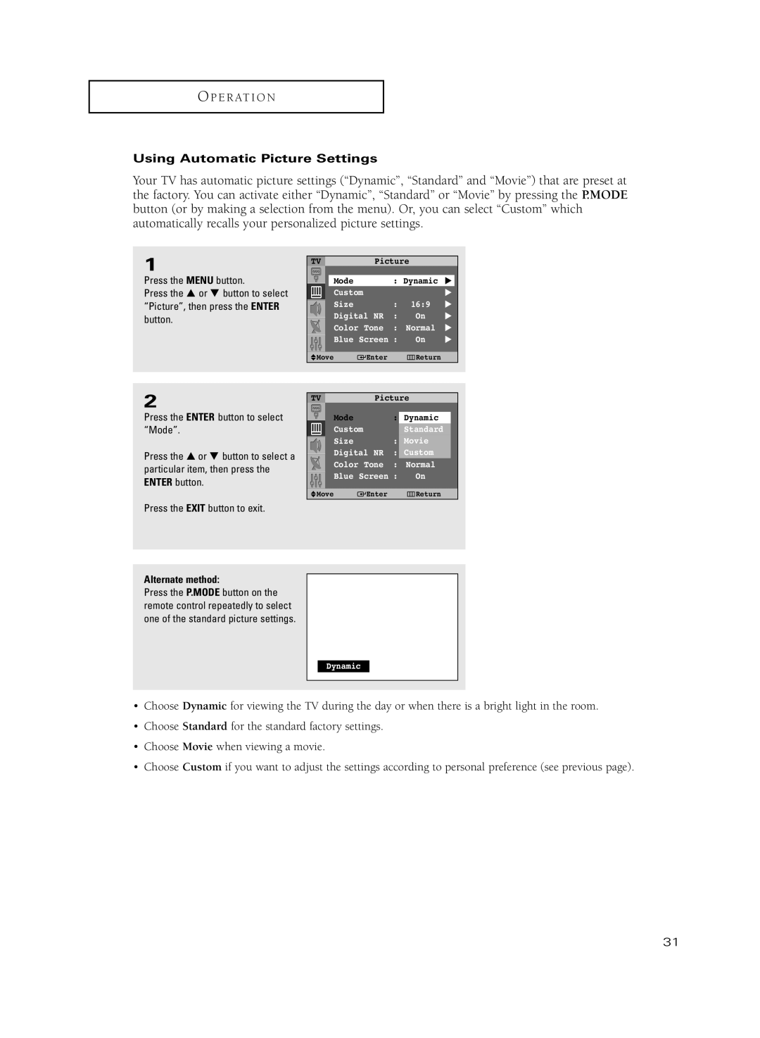 Samsung HC-R5251W manual Using Automatic Picture Settings 