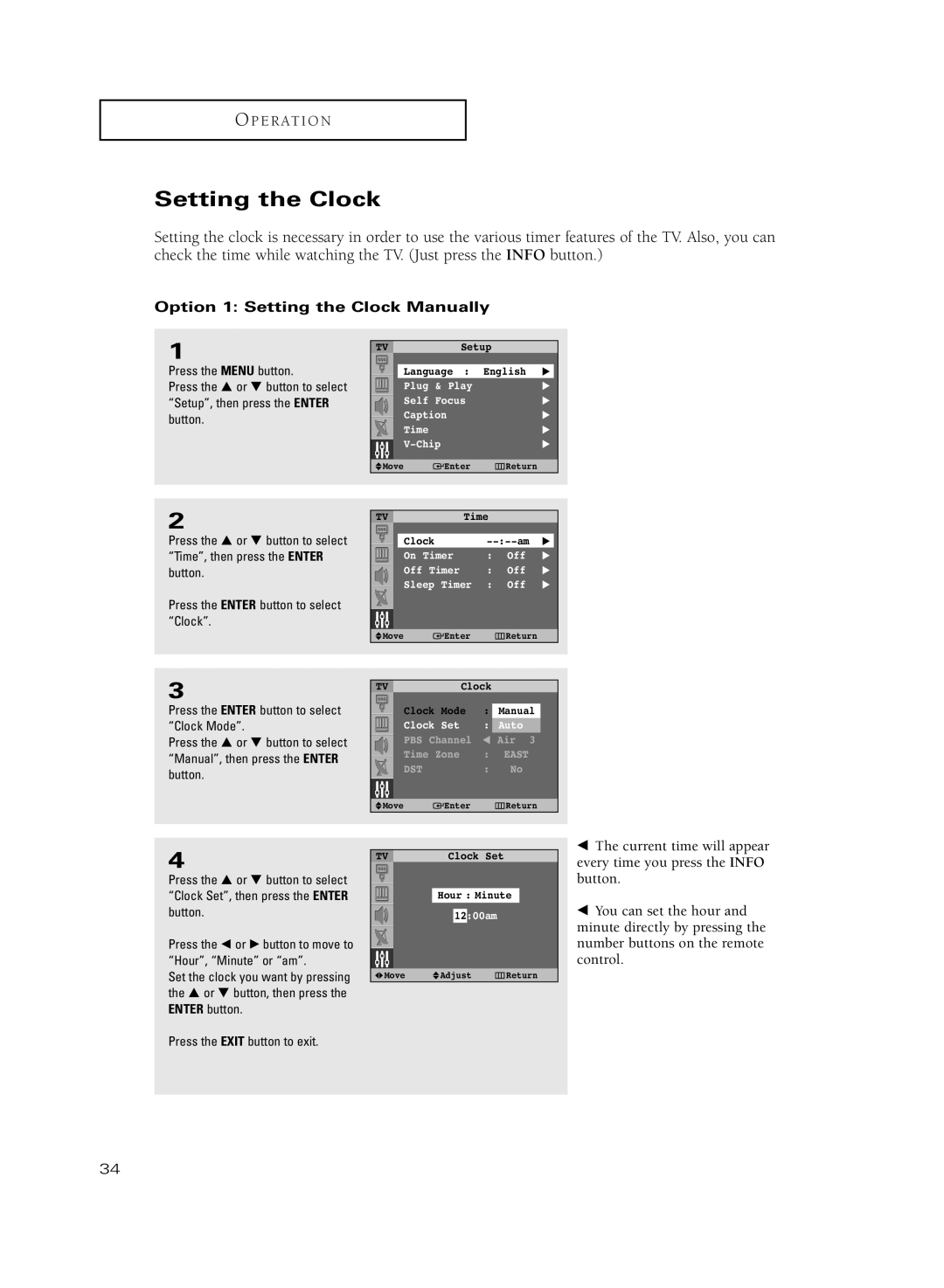 Samsung HC-R5251W manual Option 1 Setting the Clock Manually 