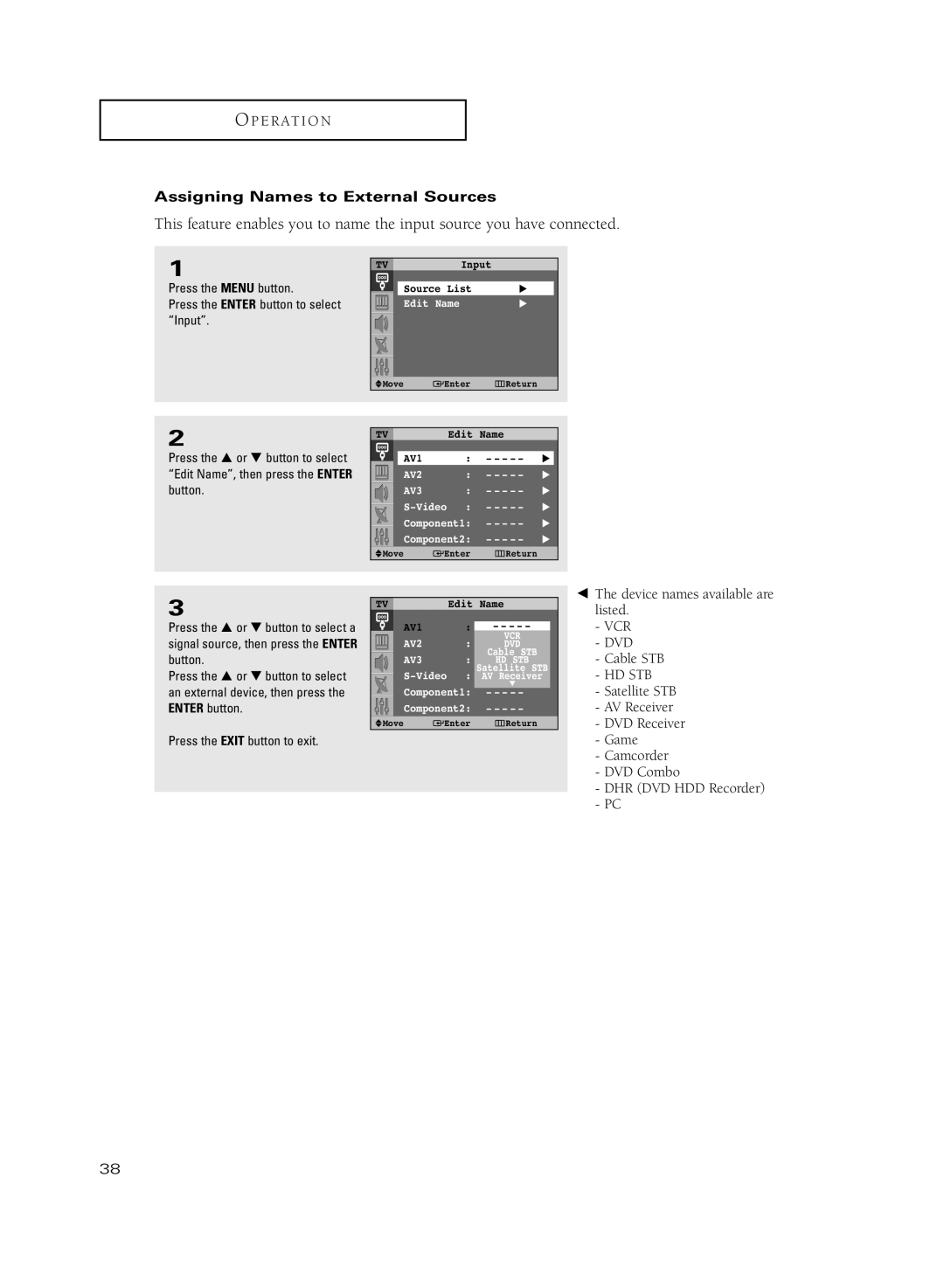 Samsung HC-R5251W manual Assigning Names to External Sources 