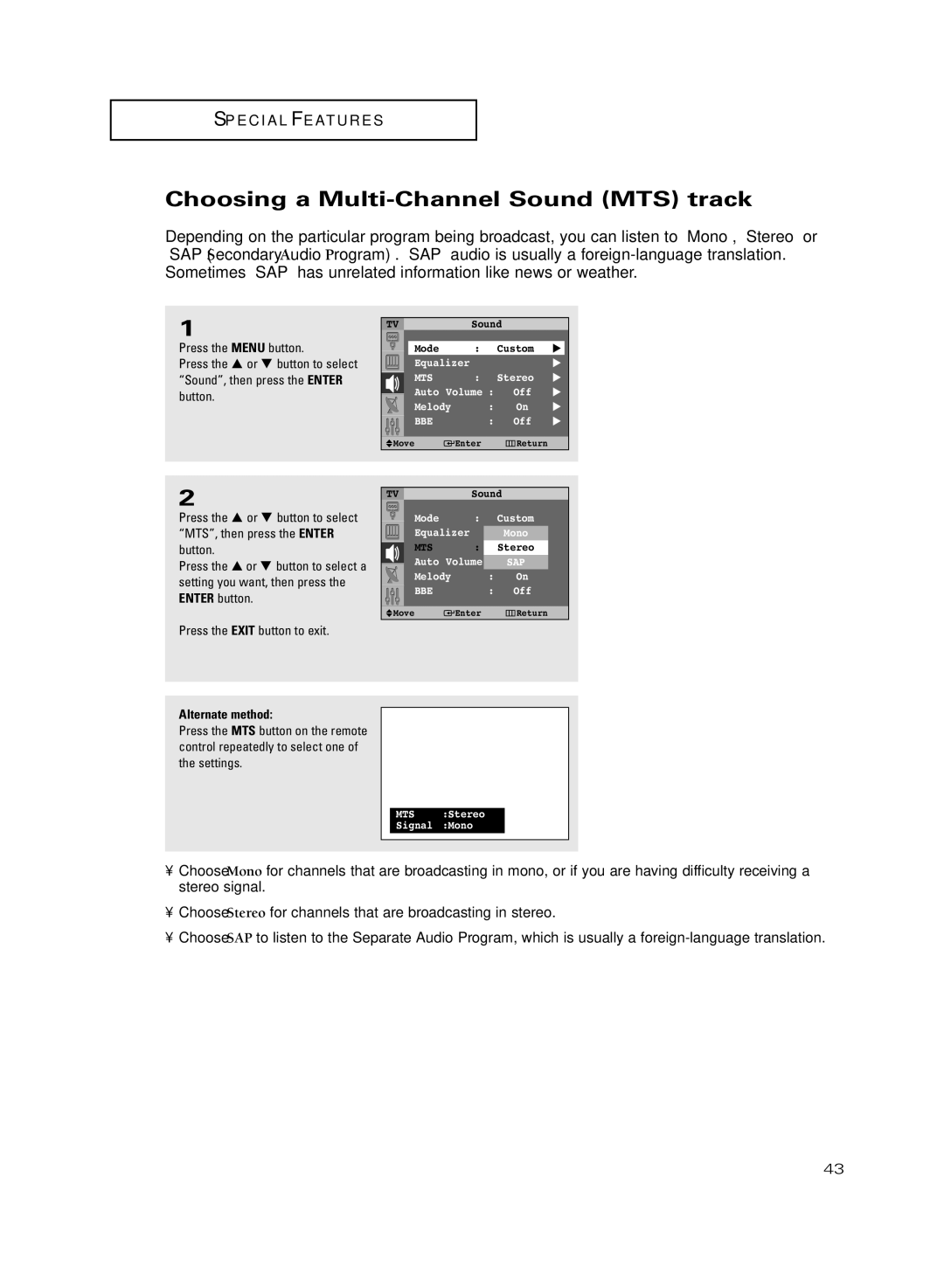 Samsung HC-R5251W manual Choosing a Multi-Channel Sound MTS track 