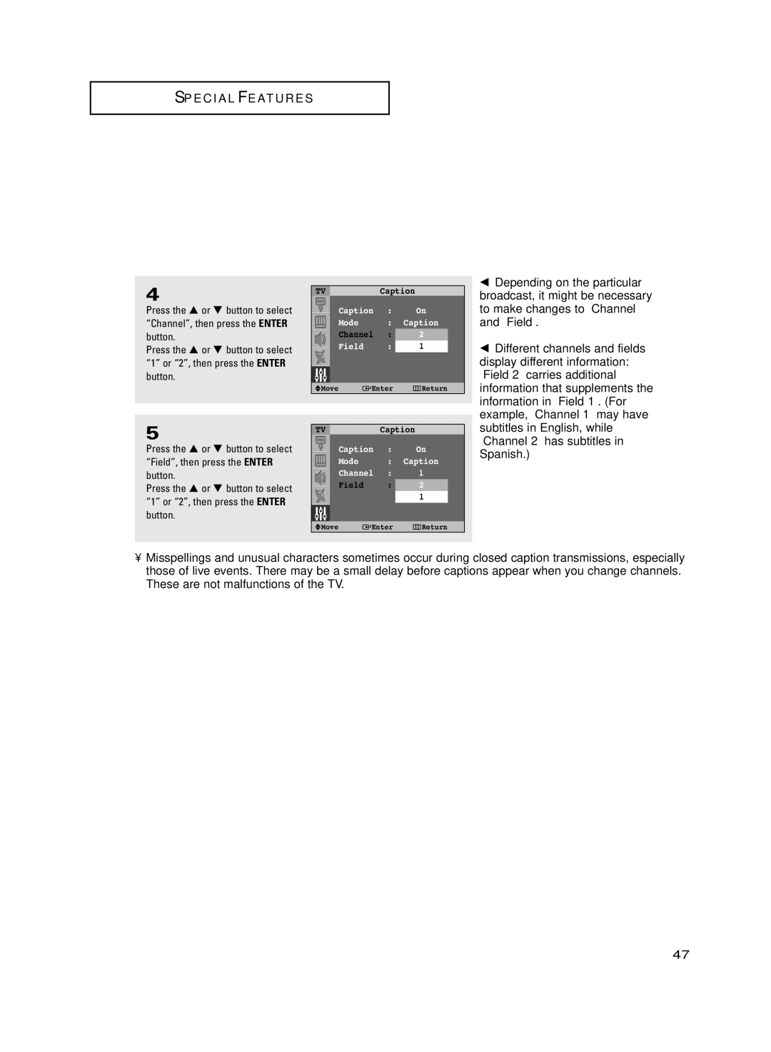 Samsung HC-R5251W manual Caption Mode Channel Field 