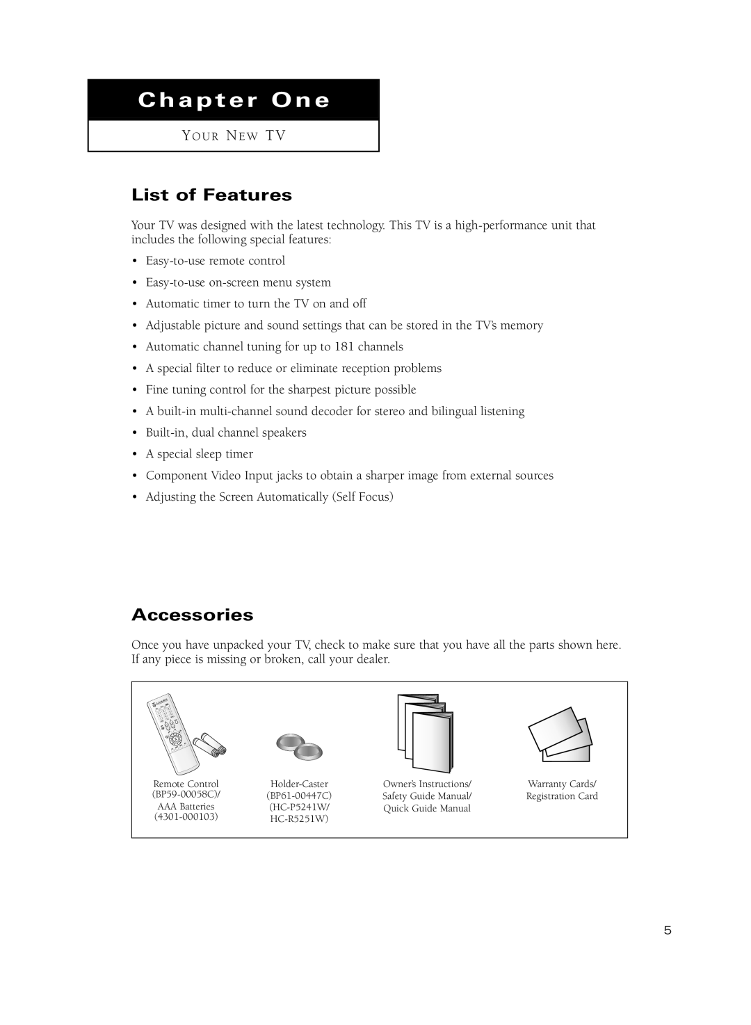 Samsung HC-R5251W manual List of Features, Accessories 