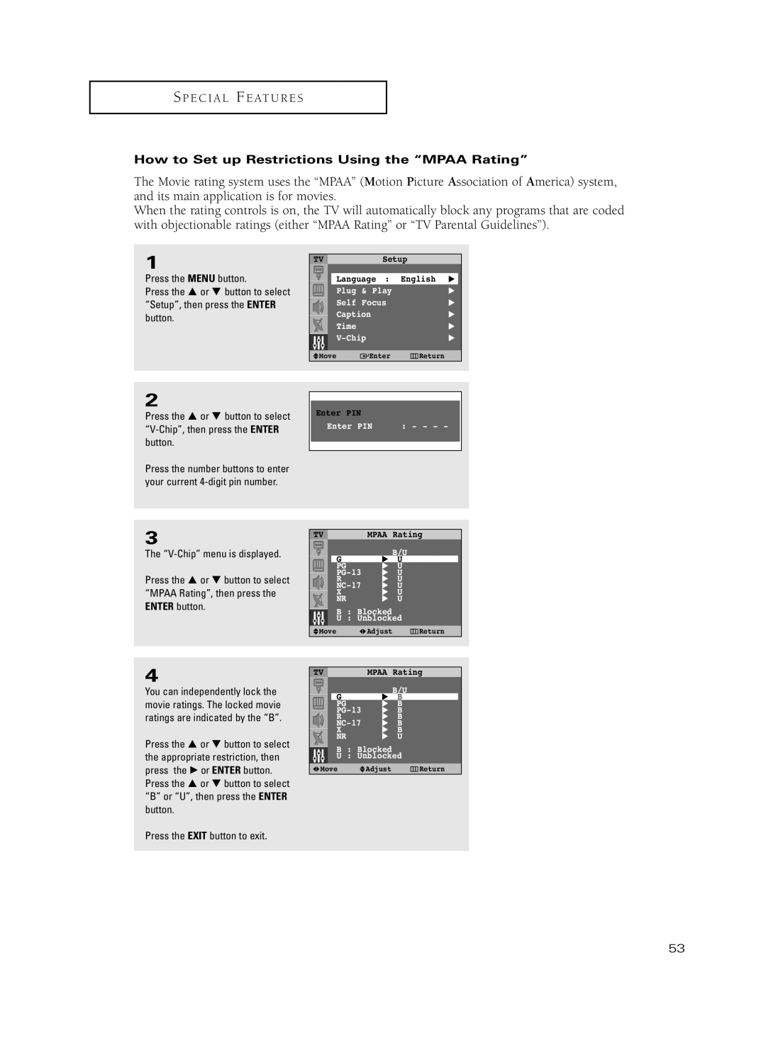 Samsung HC-R5251W manual How to Set up Restrictions Using the Mpaa Rating 