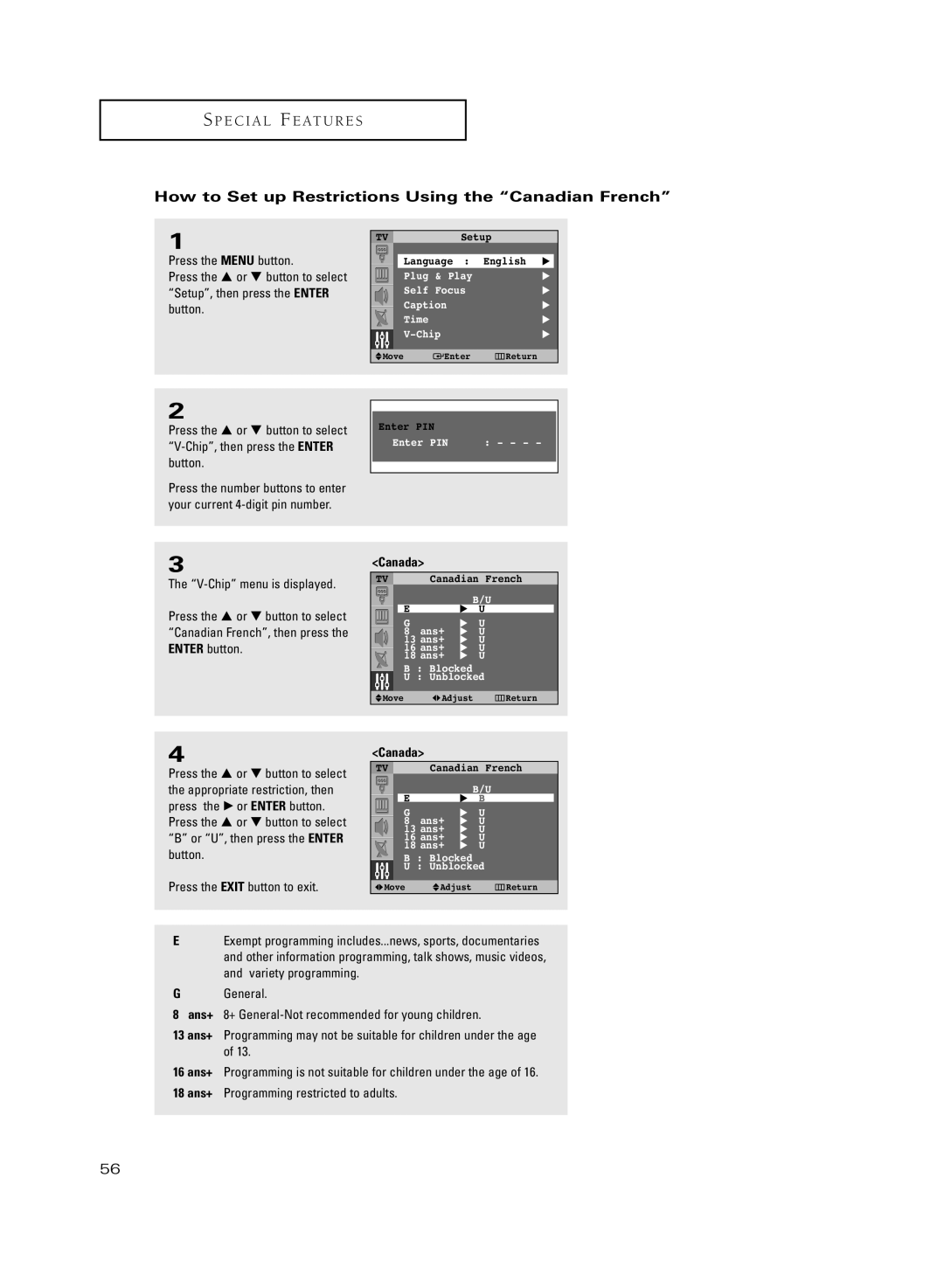 Samsung HC-R5251W manual How to Set up Restrictions Using the Canadian French 