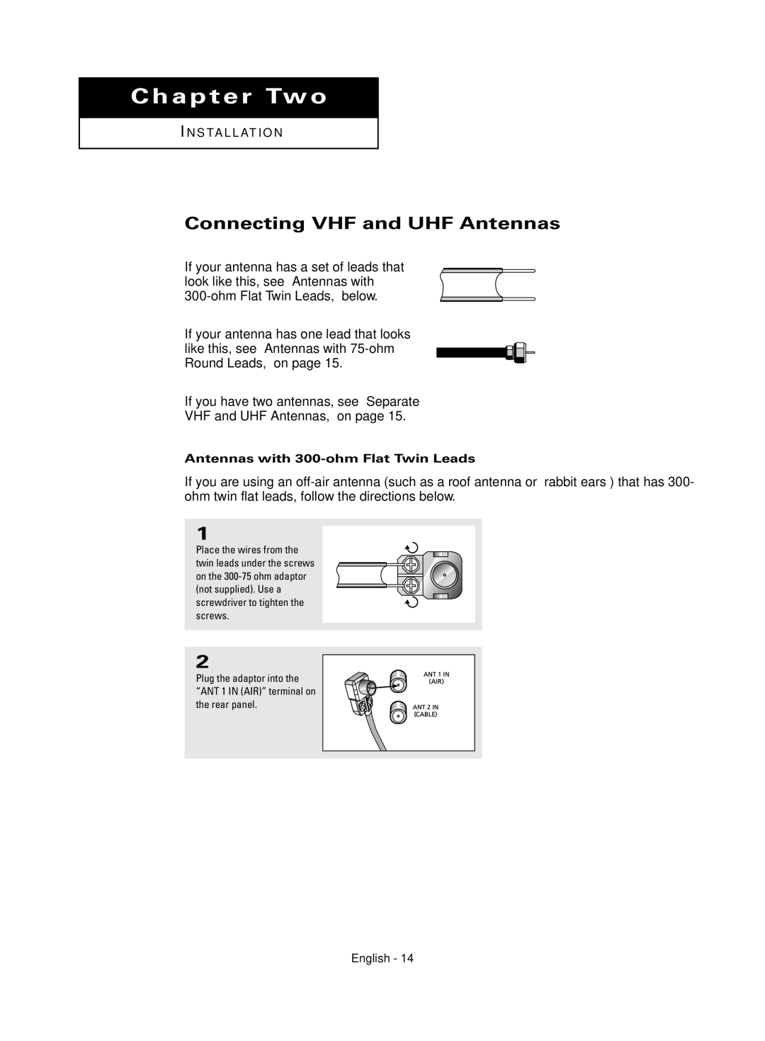 Samsung HC-S4755W manual Connecting VHF and UHF Antennas, Antennas with 300-ohm Flat Twin Leads 