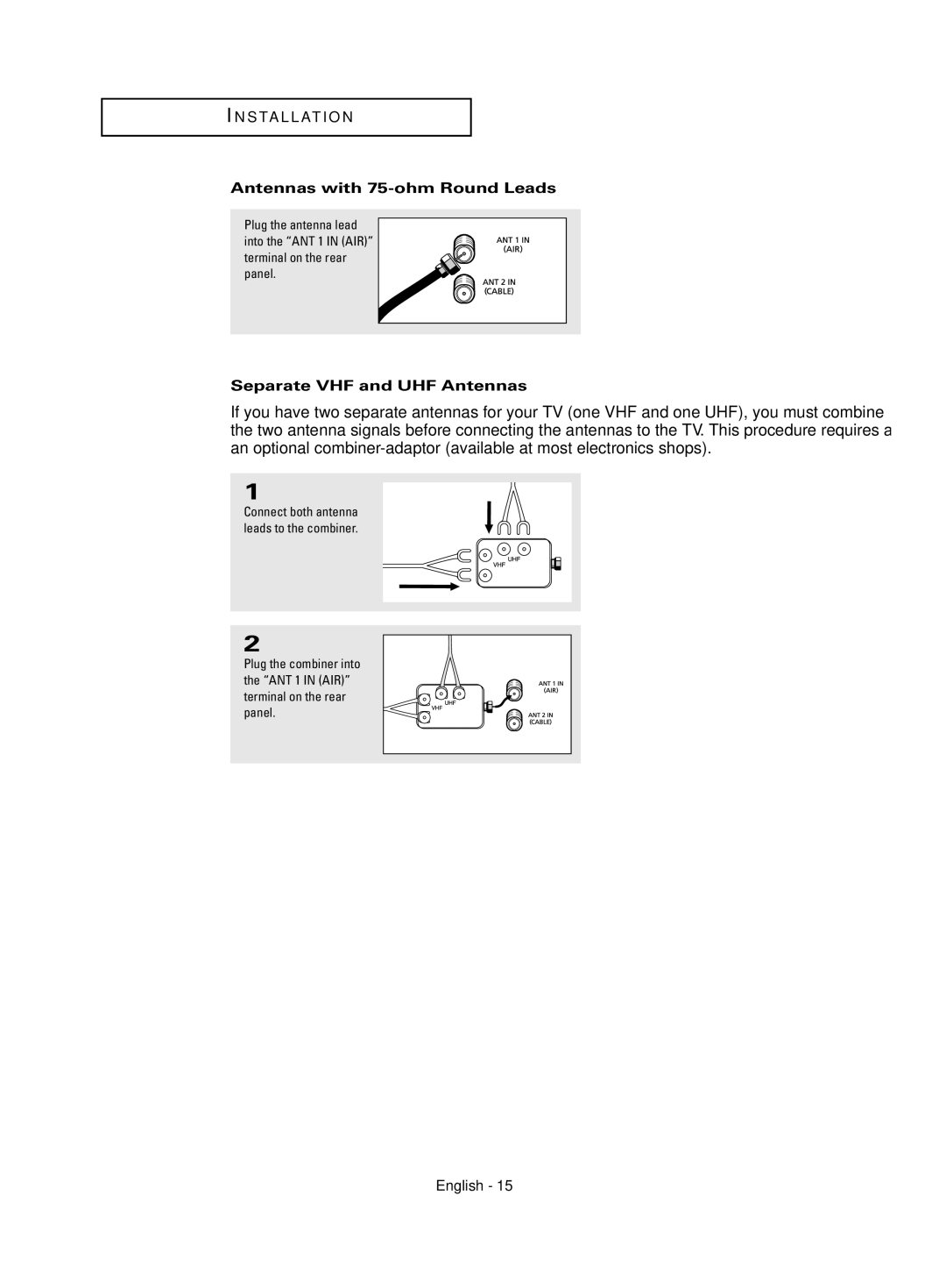 Samsung HC-S4755W manual Antennas with 75-ohm Round Leads, Separate VHF and UHF Antennas 