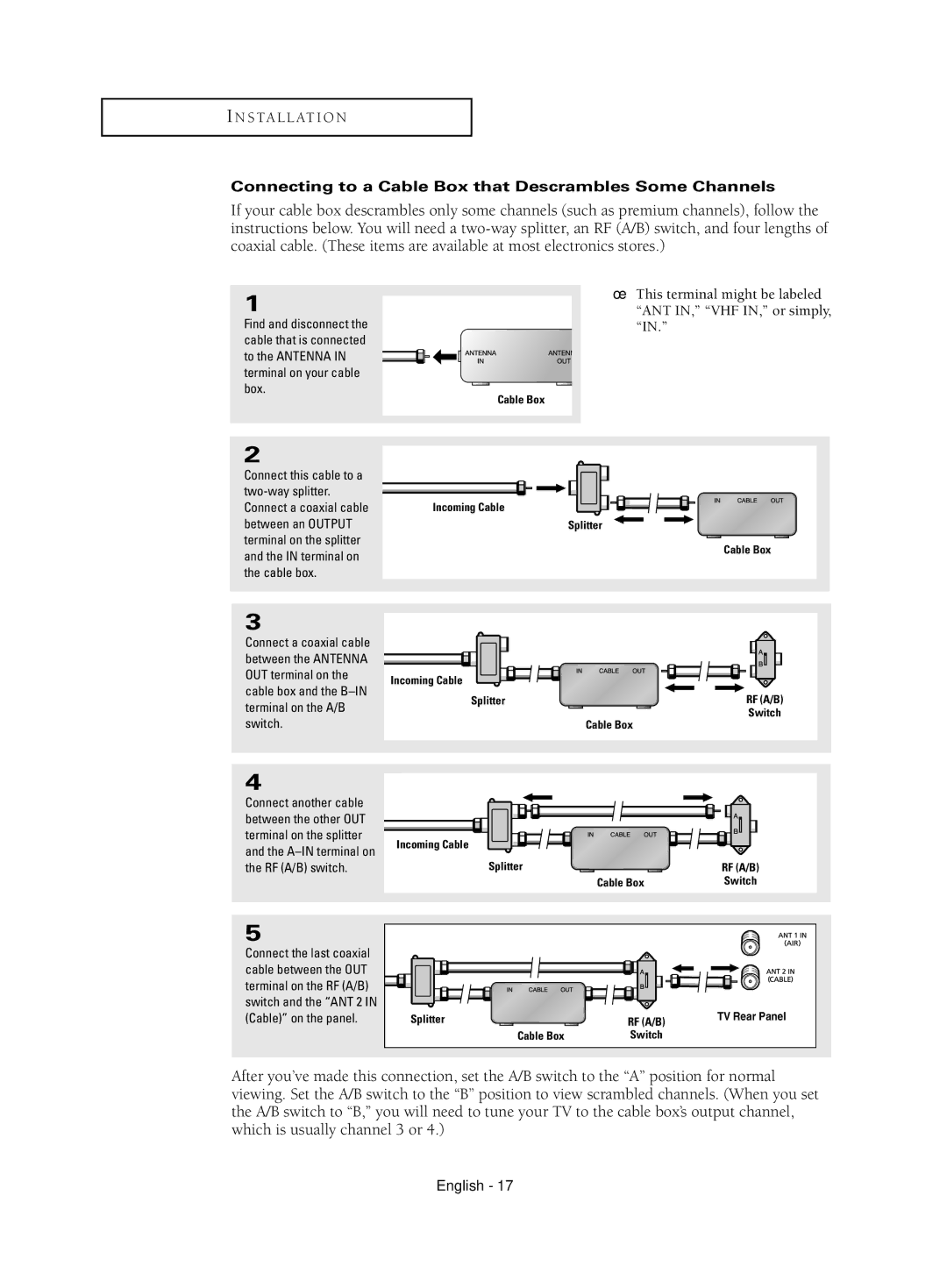 Samsung HC-S4755W Connecting to a Cable Box that Descrambles Some Channels, Between an Output, Cable box and the B-IN 