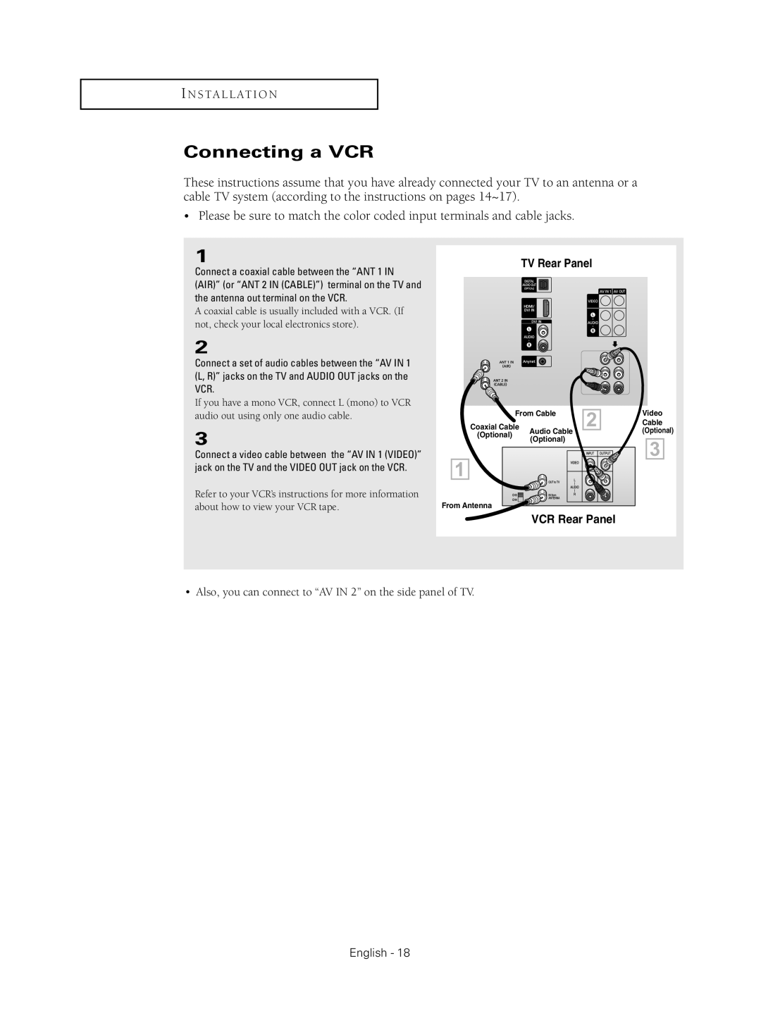 Samsung HC-S4755W manual Connecting a VCR, Also, you can connect to AV in 2 on the side panel of TV 