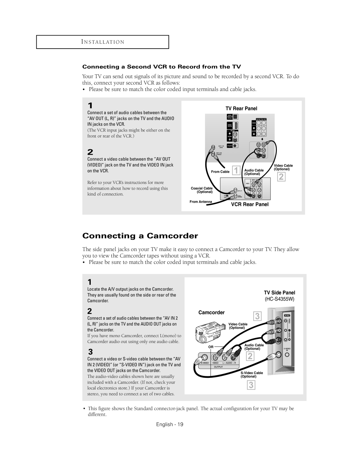 Samsung HC-S4755W manual Connecting a Camcorder, Connecting a Second VCR to Record from the TV 