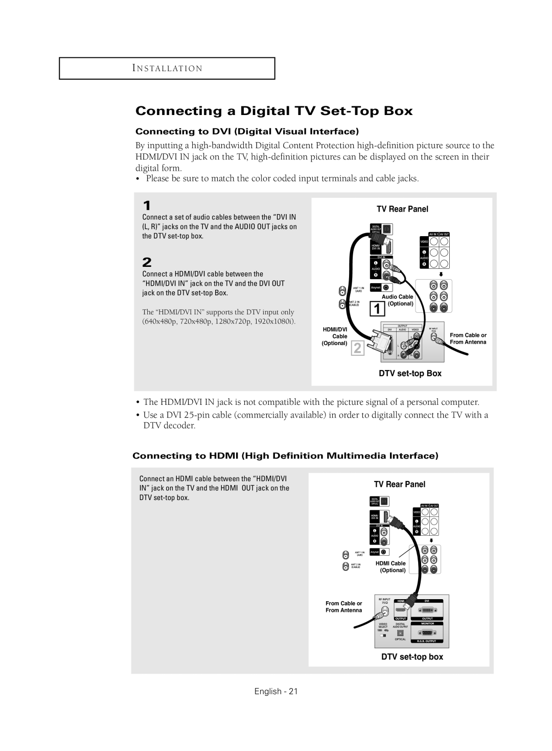 Samsung HC-S4755W manual Connecting a Digital TV Set-Top Box, Connecting to DVI Digital Visual Interface 