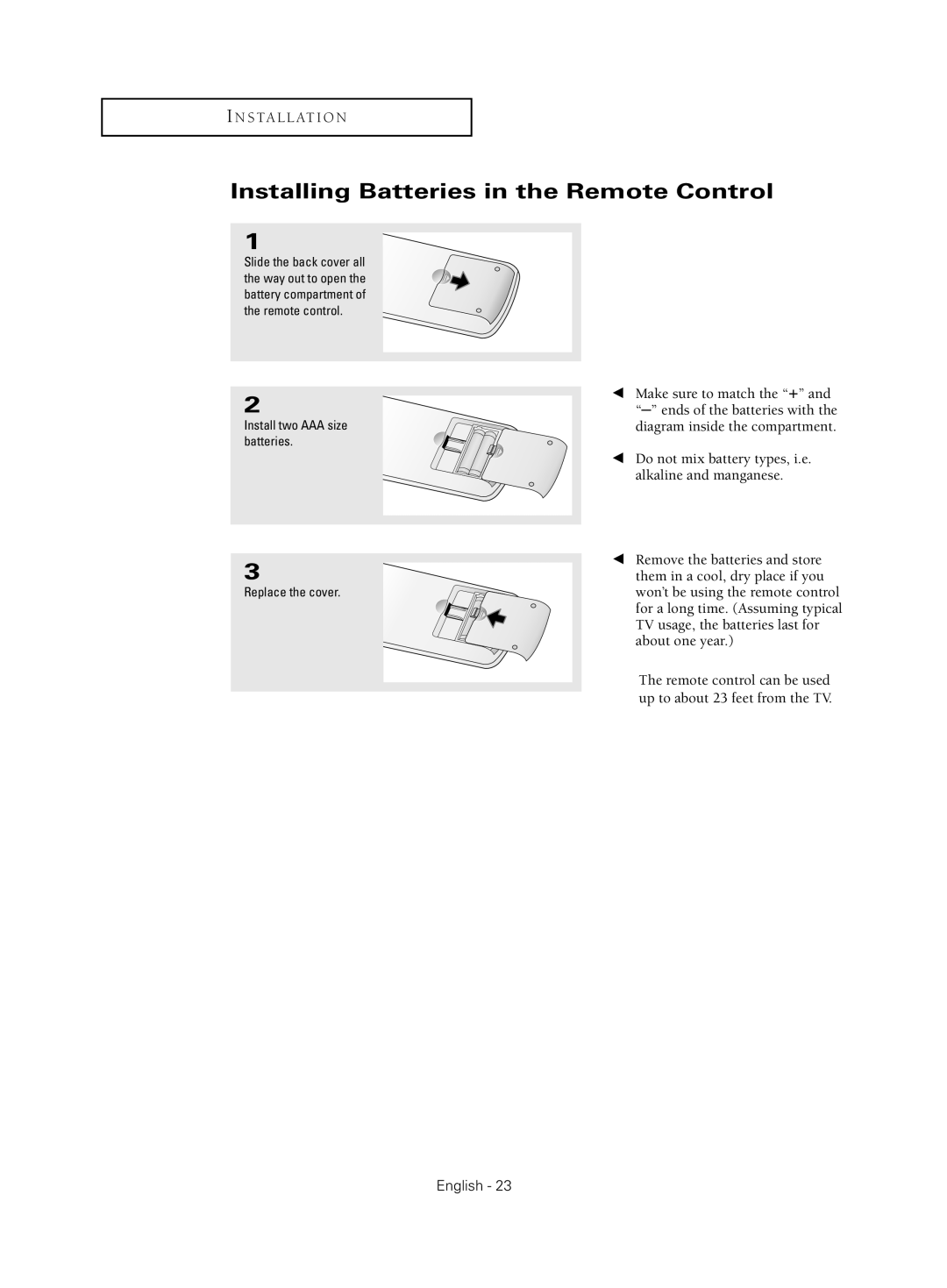 Samsung HC-S4755W manual Installing Batteries in the Remote Control, Install two AAA size batteries Replace the cover 