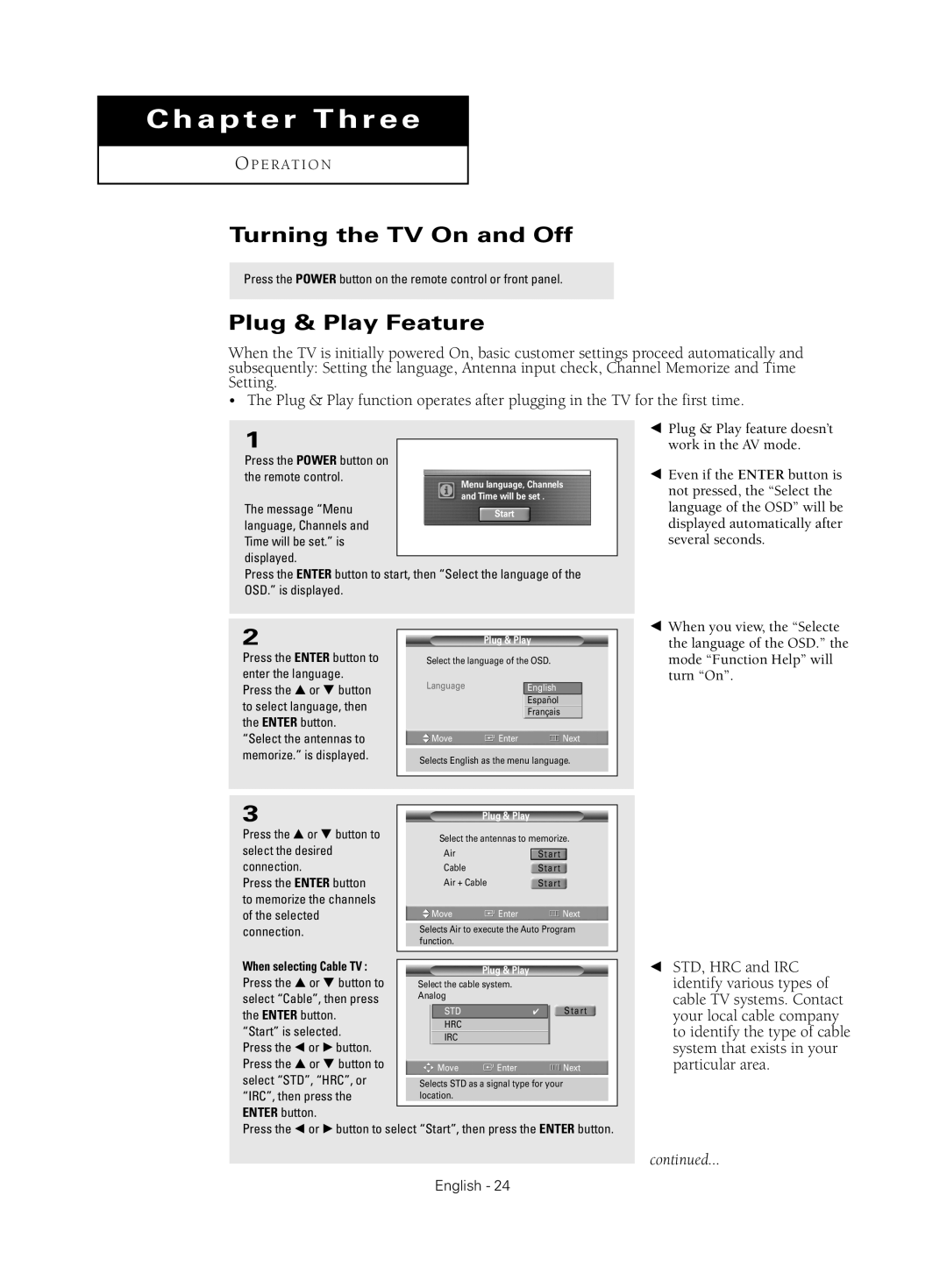 Samsung HC-S4755W manual Turning the TV On and Off, Plug & Play Feature 